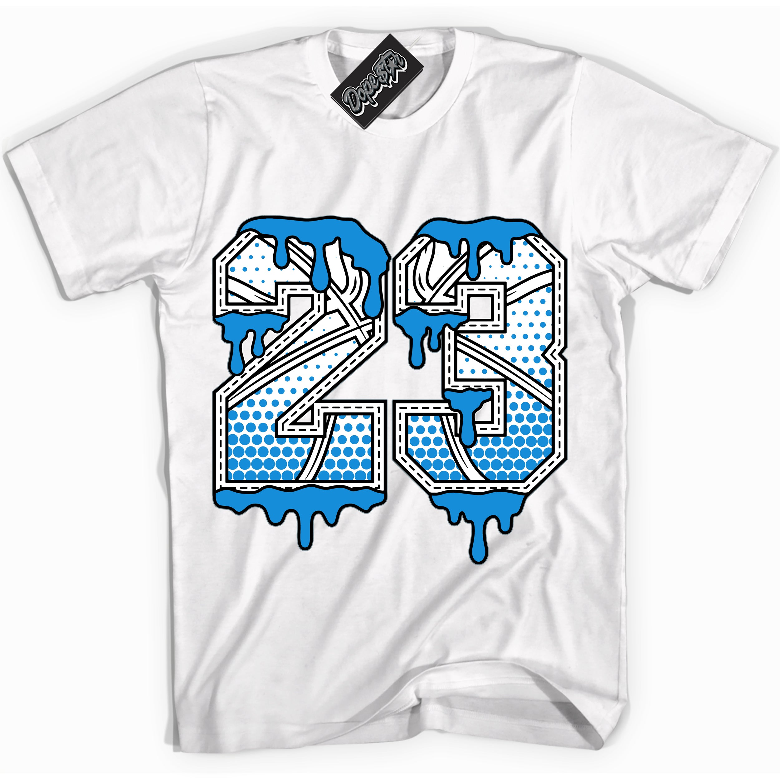 Cool White graphic tee with “23 Ball ” design, that perfectly matches Powder Blue 9s sneakers 