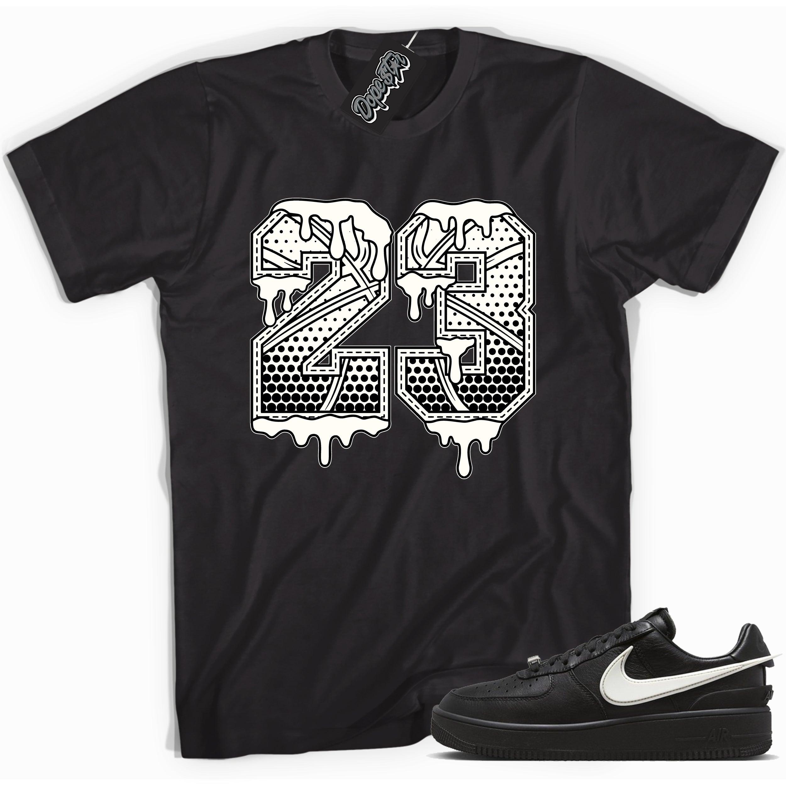Cool black graphic tee with '23 basketball style font' print, that perfectly matches Nike Air Force 1 Low SP Ambush Phantom sneakers.