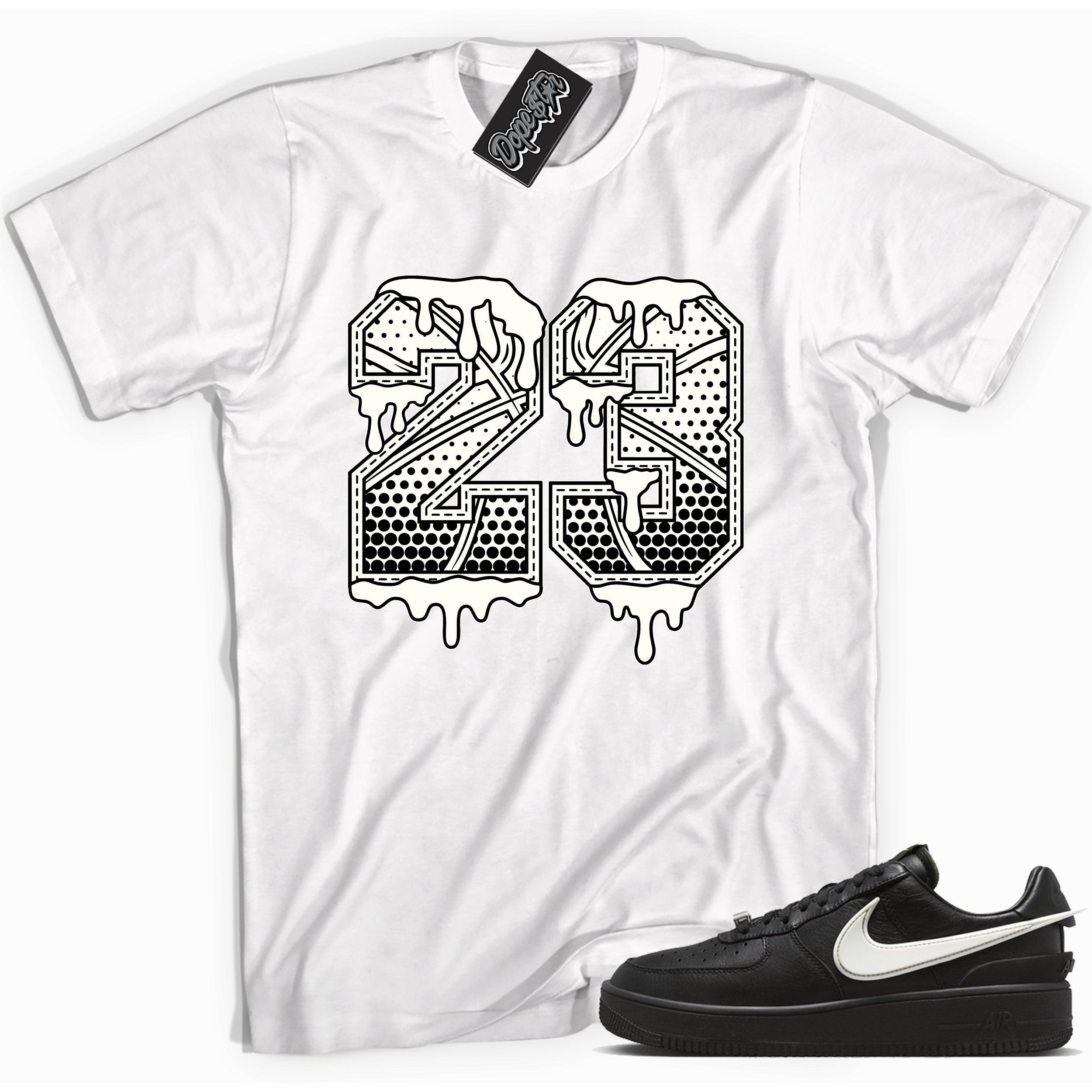 Cool white graphic tee with '23 basketball style font' print, that perfectly matches Nike Air Force 1 Low SP Ambush Phantom sneakers.
