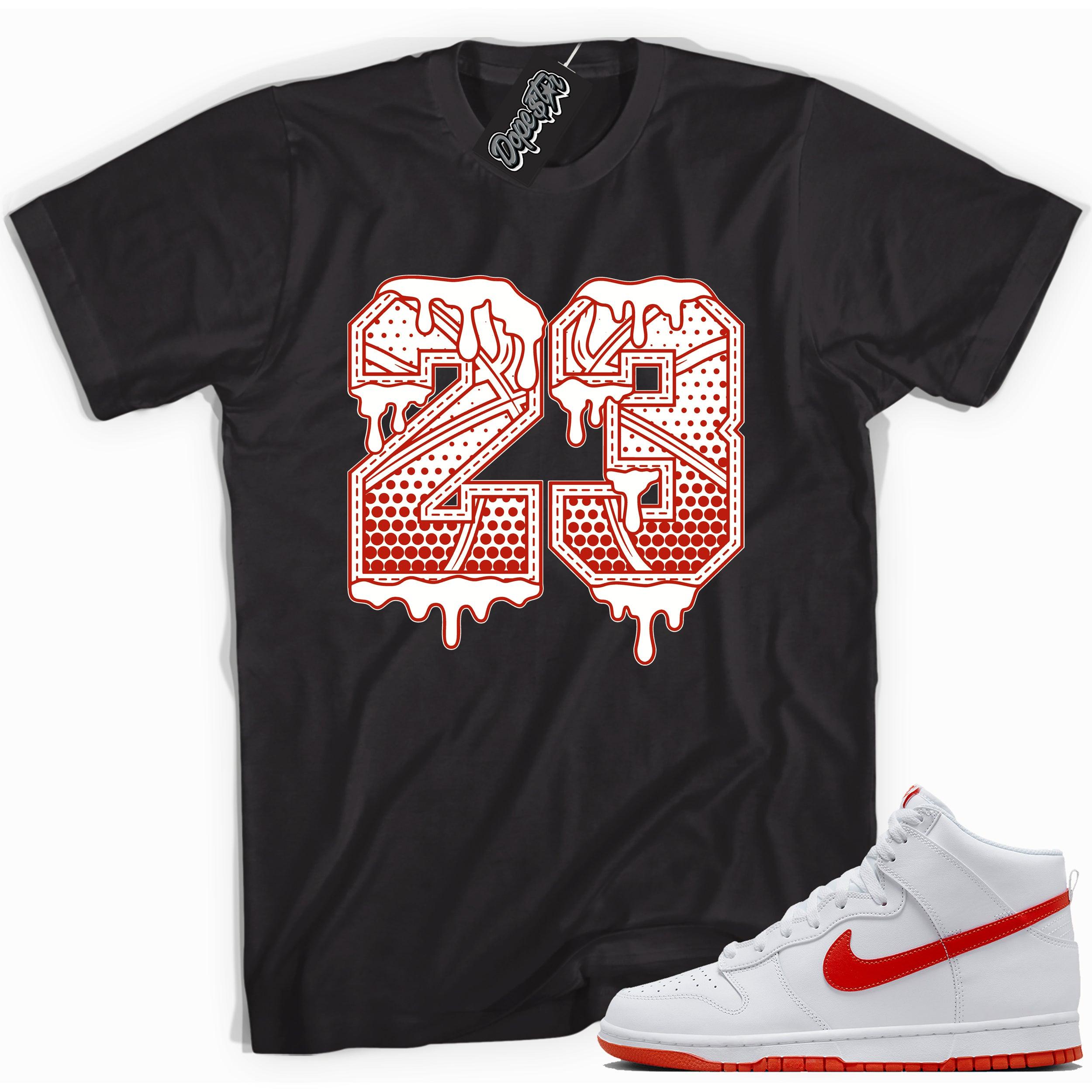 Cool black graphic tee with '23 basket ball' print, that perfectly matches Nike Dunk High White Picante Red sneakers.