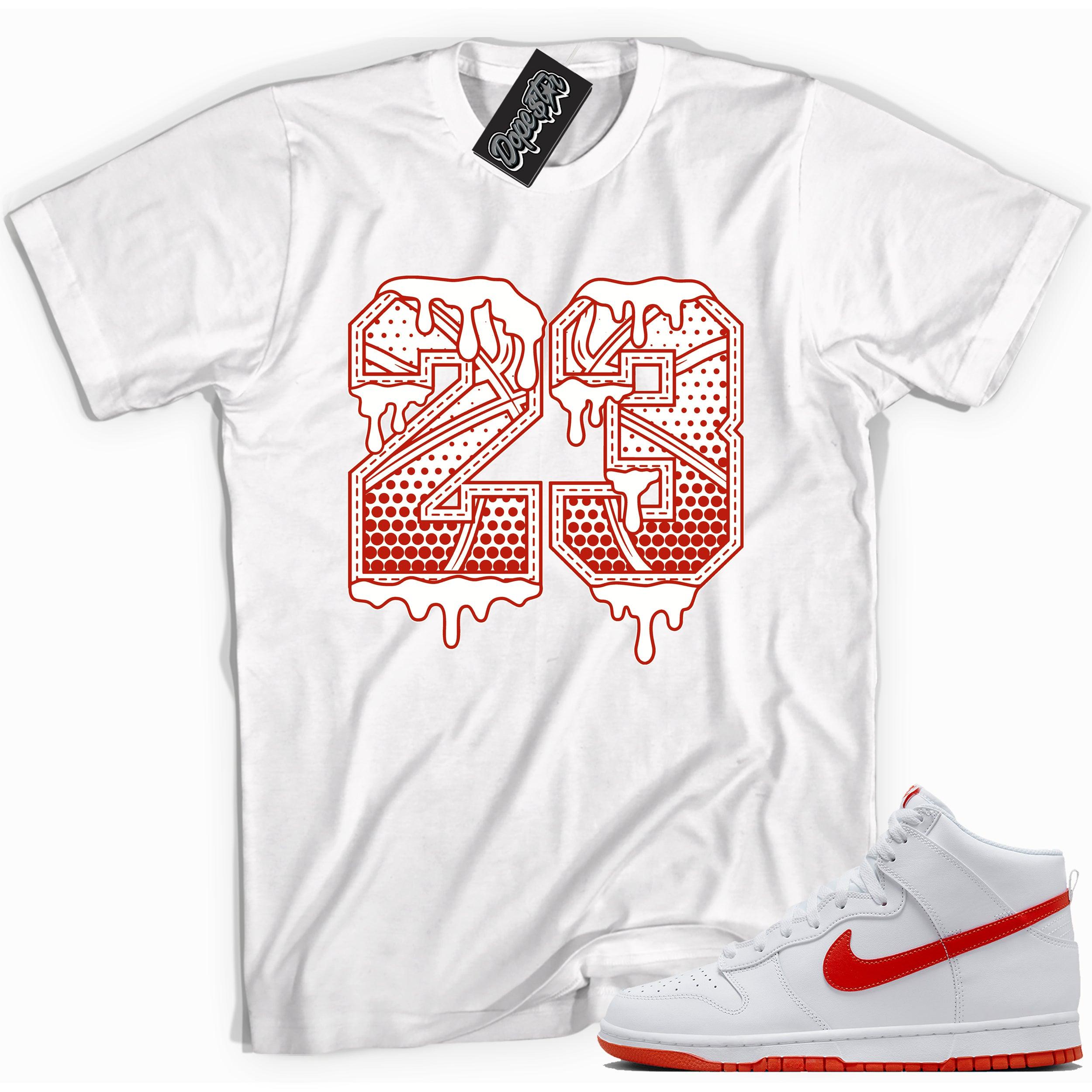Cool white graphic tee with '23 basket ball' print, that perfectly matches Nike Dunk High White Picante Red sneakers.