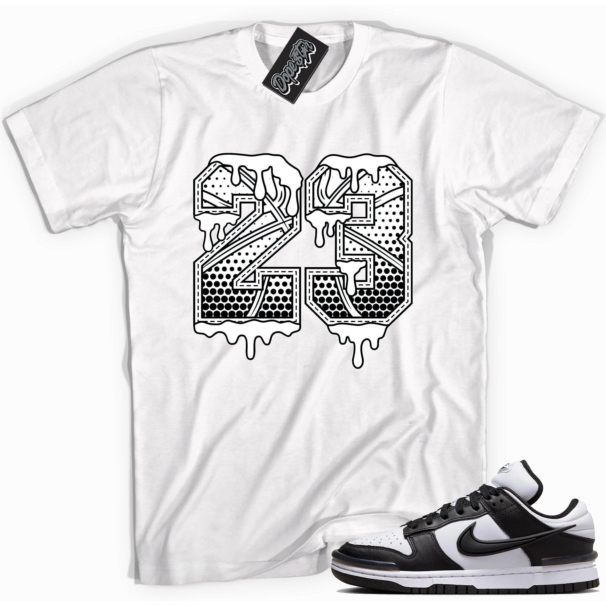 Cool white graphic tee with '23 basketball ' print, that perfectly matches Nike Dunk Low Twist Panda sneakers.
