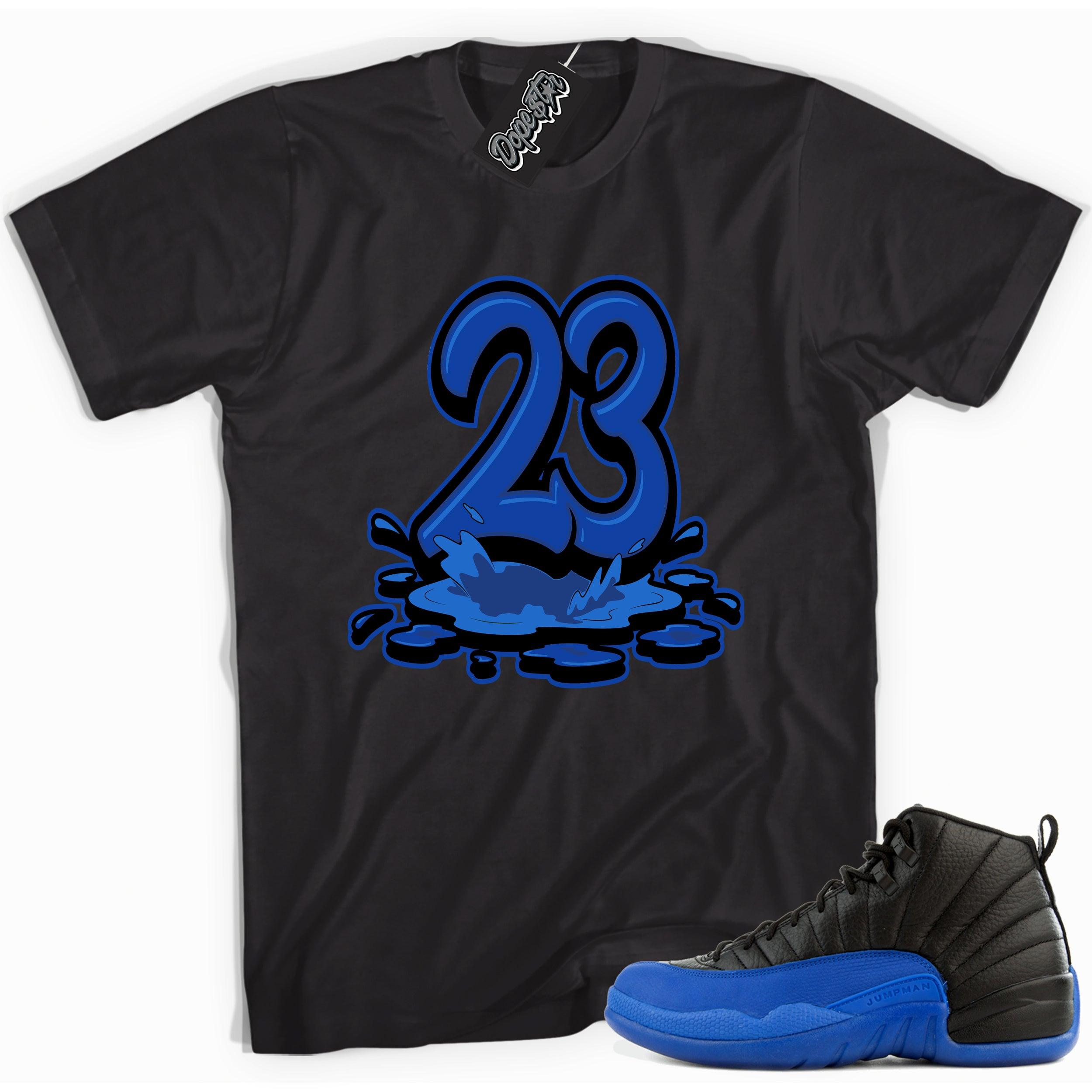 Cool black graphic tee with 'melting 23' print, that perfectly matches  Air Jordan 12 Retro Black Game Royal sneakers.