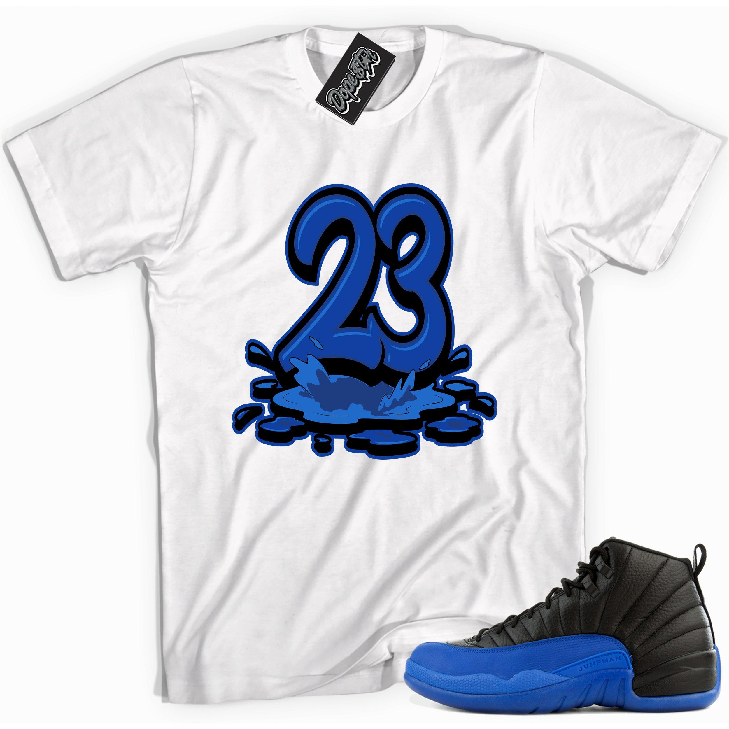 Cool white graphic tee with 'melting 23' print, that perfectly matches Air Jordan 12 Retro Black Game Royal sneakers.