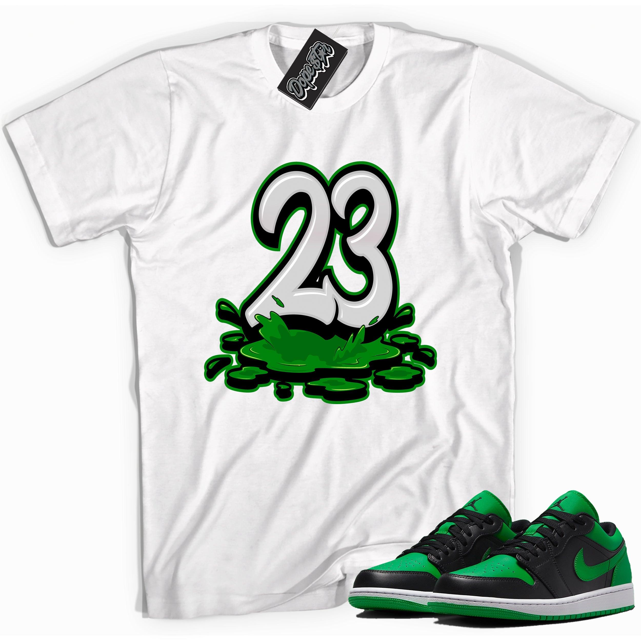 Cool white graphic tee with '23' print, that perfectly matches Air Jordan 1 Low Lucky Green sneakers
