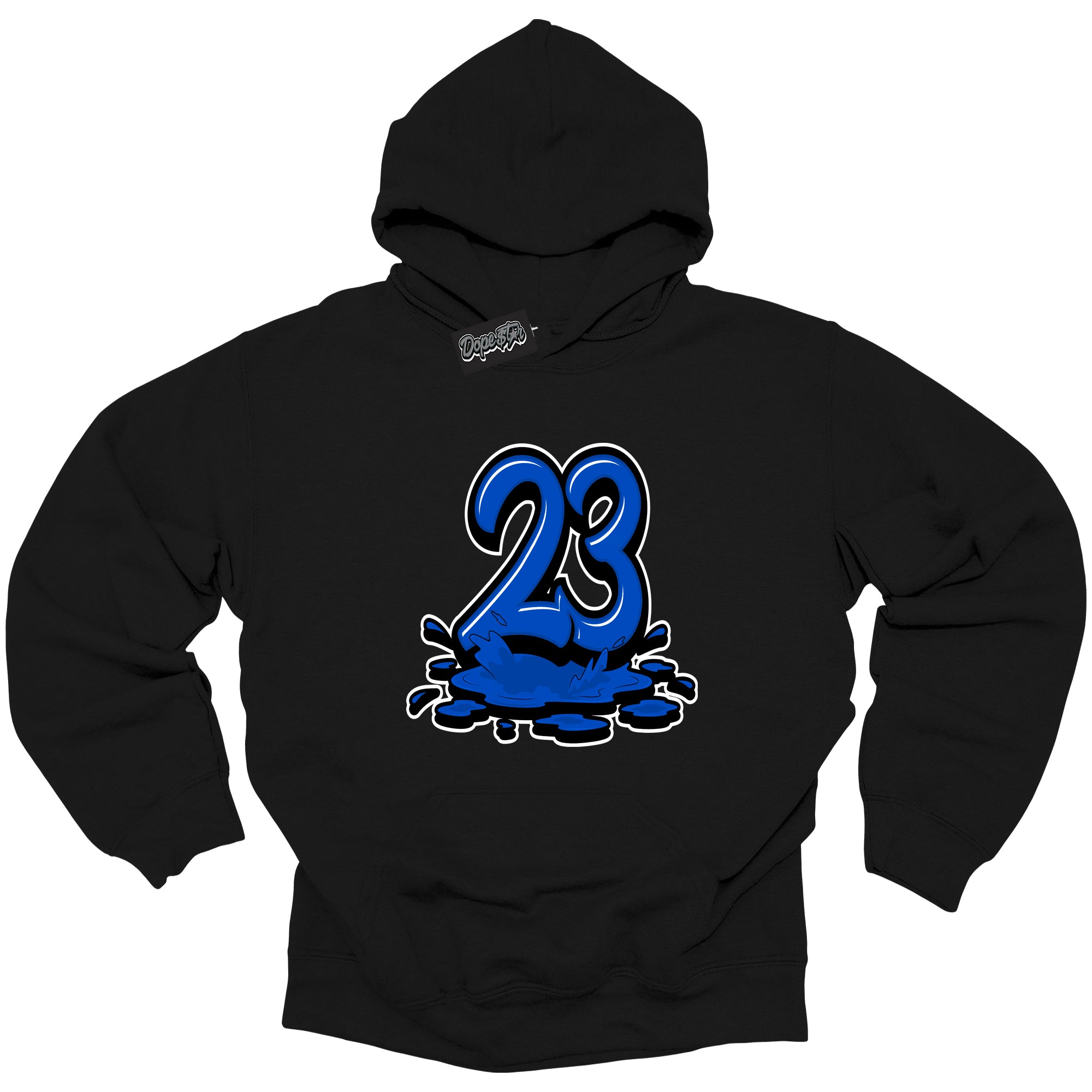 Cool Black Hoodie with “ 23 Melting ”  design that Perfectly Matches  Royal Reimagined 1s Sneakers.