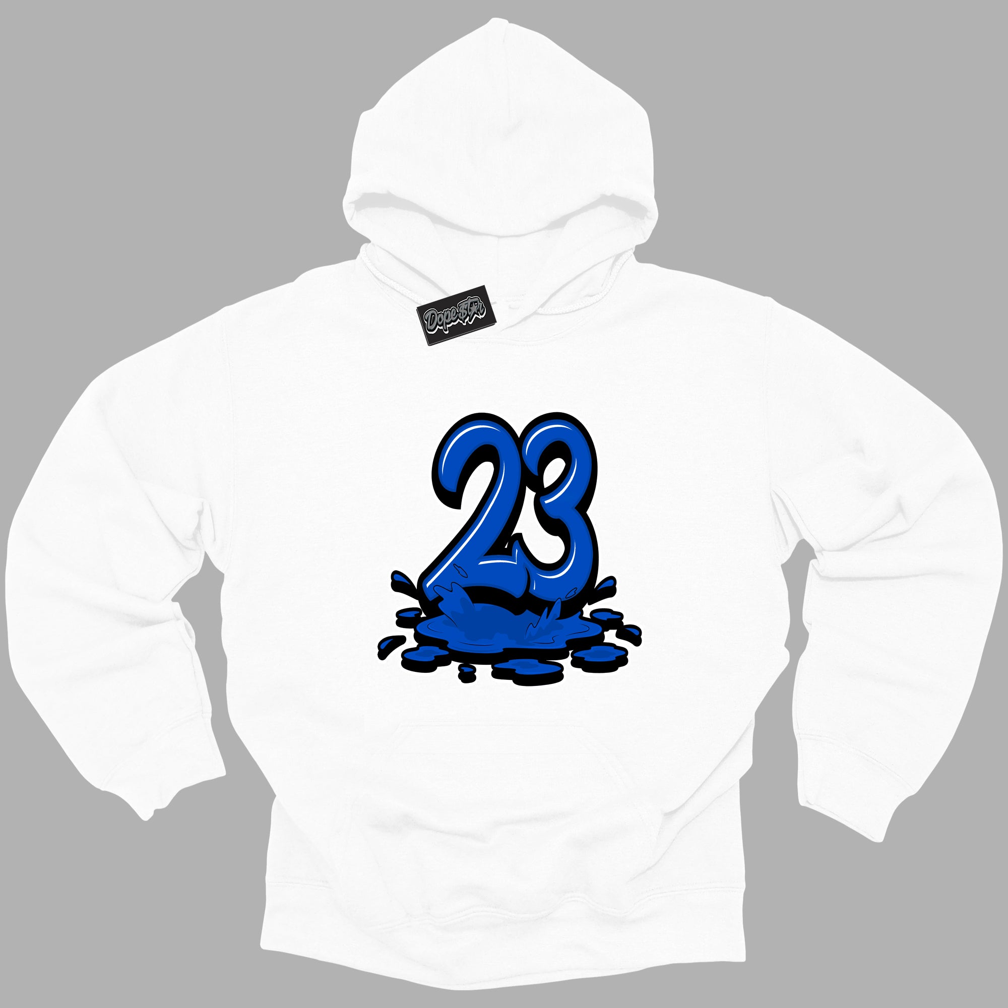 Cool White Hoodie with “ 23 Melting ”  design that Perfectly Matches Royal Reimagined 1s Sneakers.