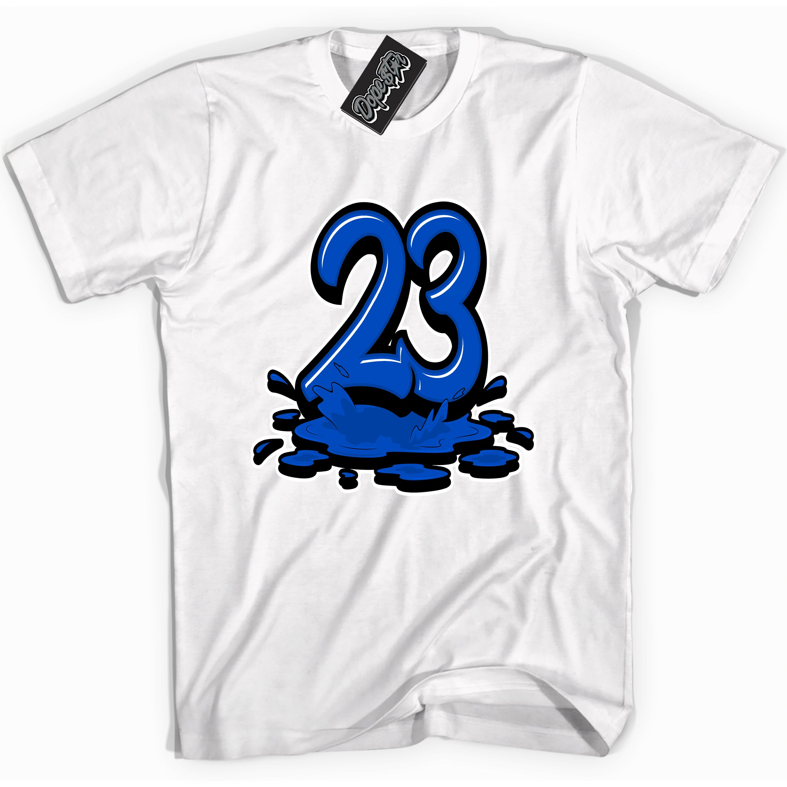 Cool White graphic tee with "23 Melting" design, that perfectly matches Royal Reimagined 1s sneakers 