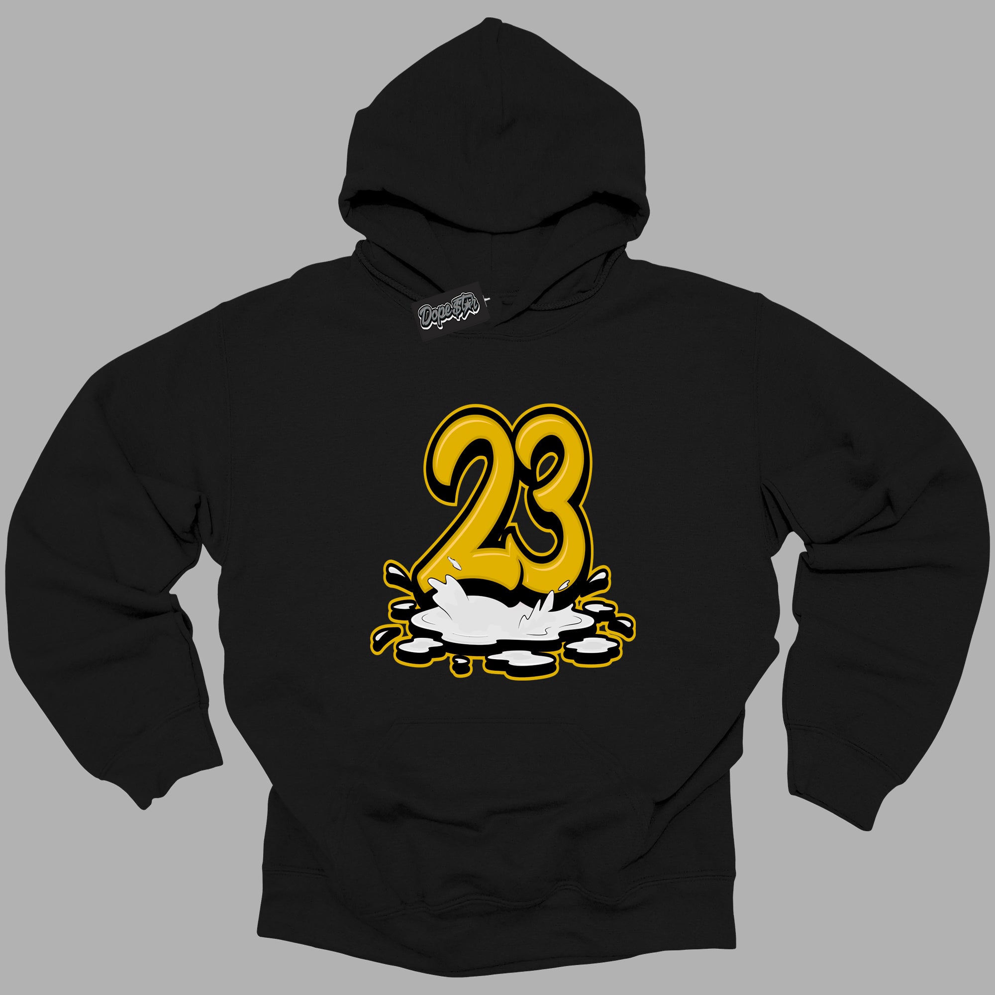 Cool Black Hoodie with “ 23 Melting  ”  design that Perfectly Matches Yellow Ochre 6s Sneakers.