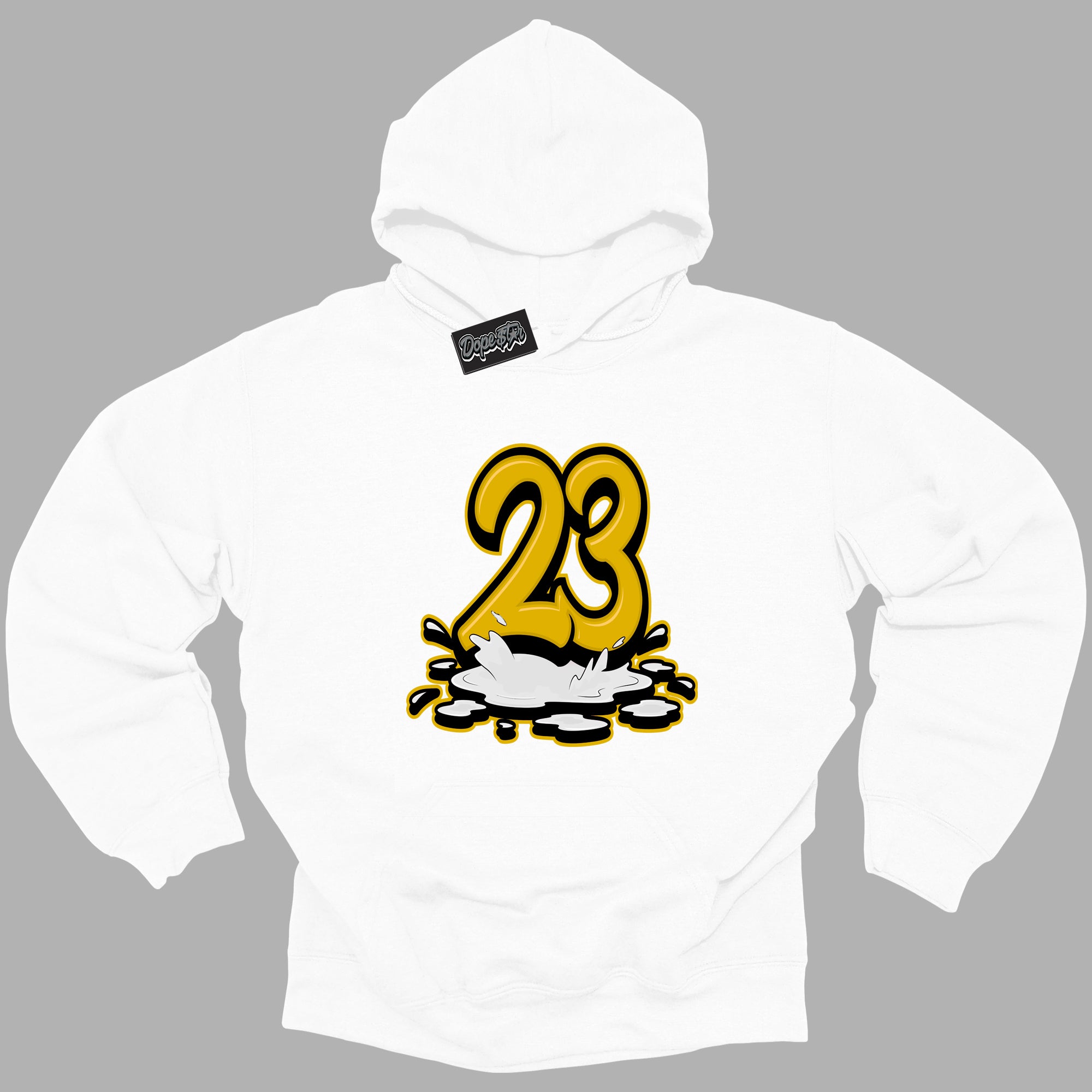 Cool White Hoodie with “ 23 Melting  ”  design that Perfectly Matches Yellow Ochre 6s Sneakers.