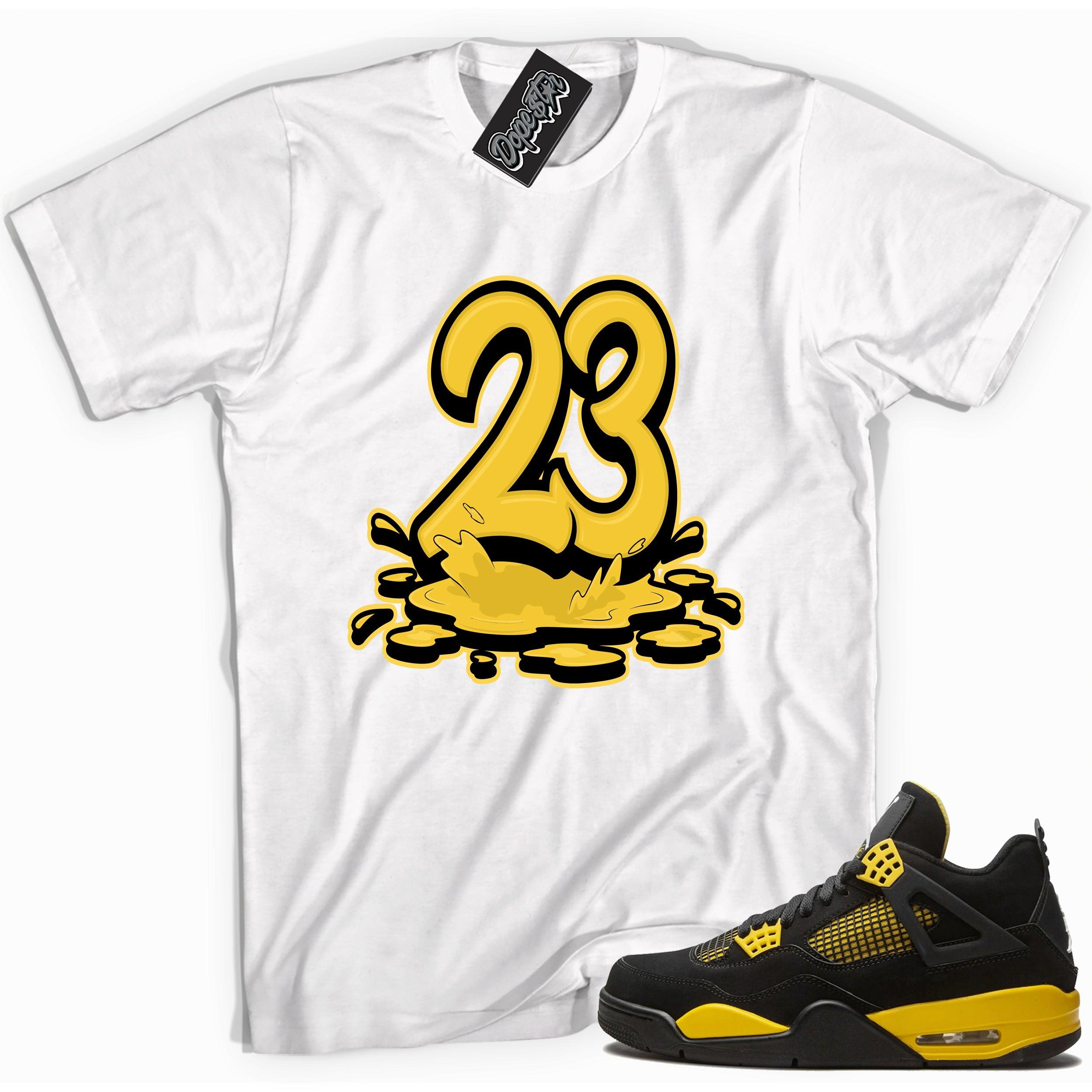 Cool white graphic tee with '23' print, that perfectly matches Air Jordan 4 Thunder sneakers
