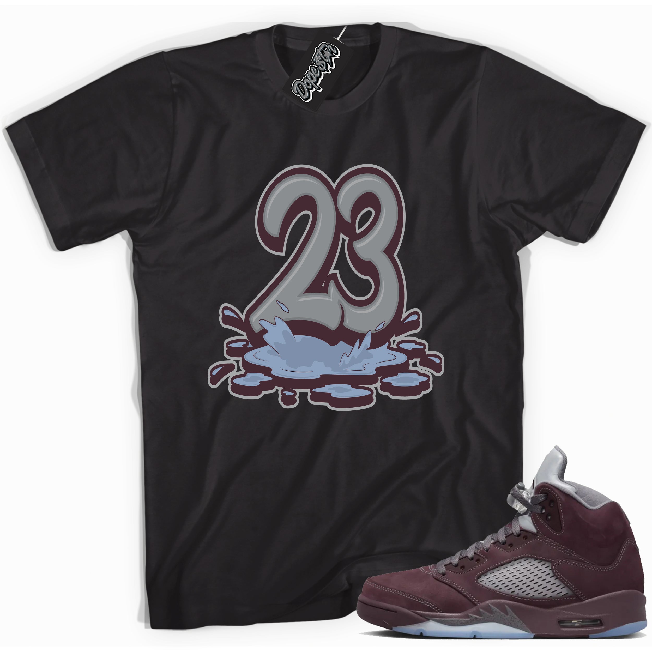 Cool Black graphic tee with “ 23 Melting ” print, that perfectly matches Air Jordan 5 Burgundy 2023 sneakers 
