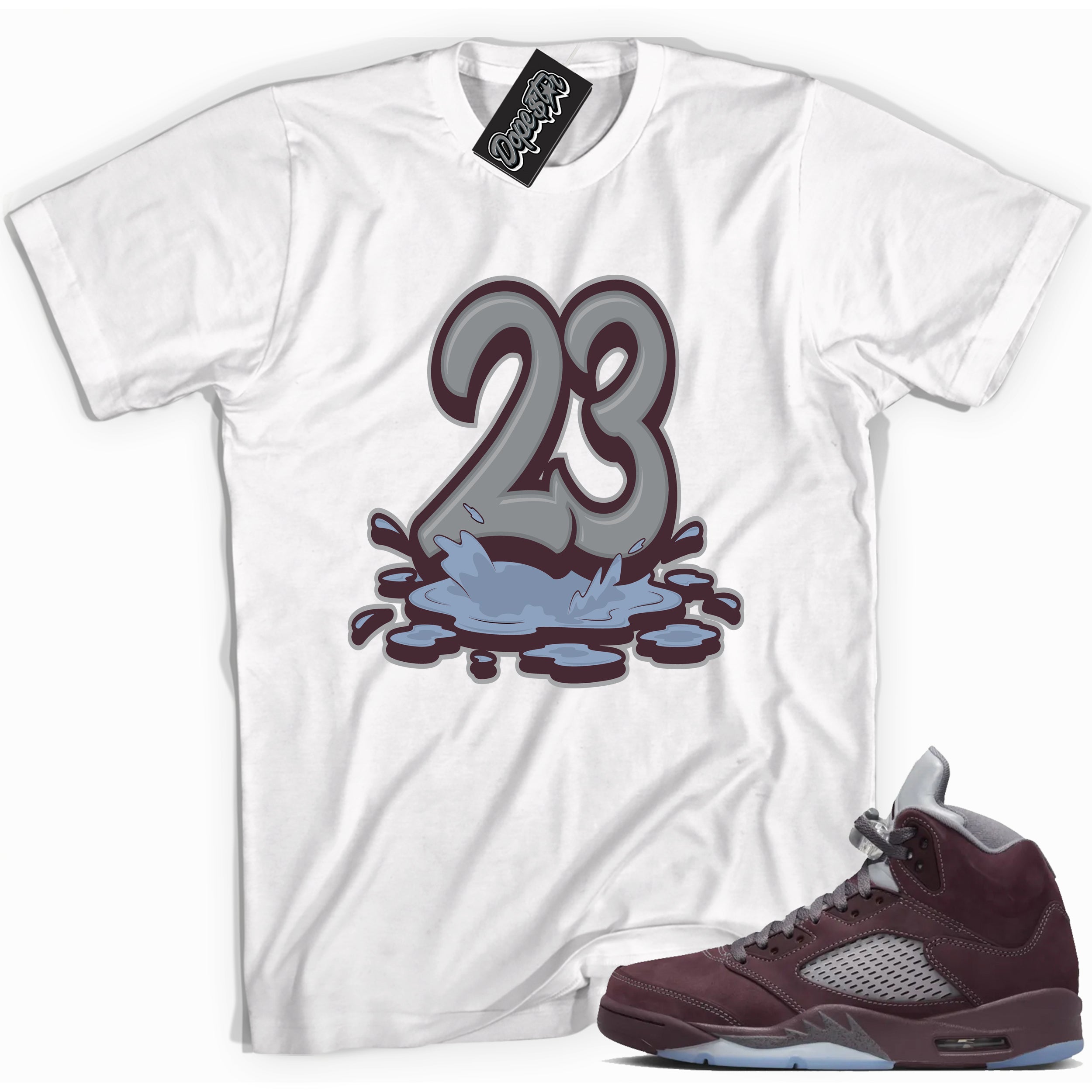 Cool White graphic tee with “ 23 Melting ” print, that perfectly matches Air Jordan 5 Burgundy 2023 sneakers 