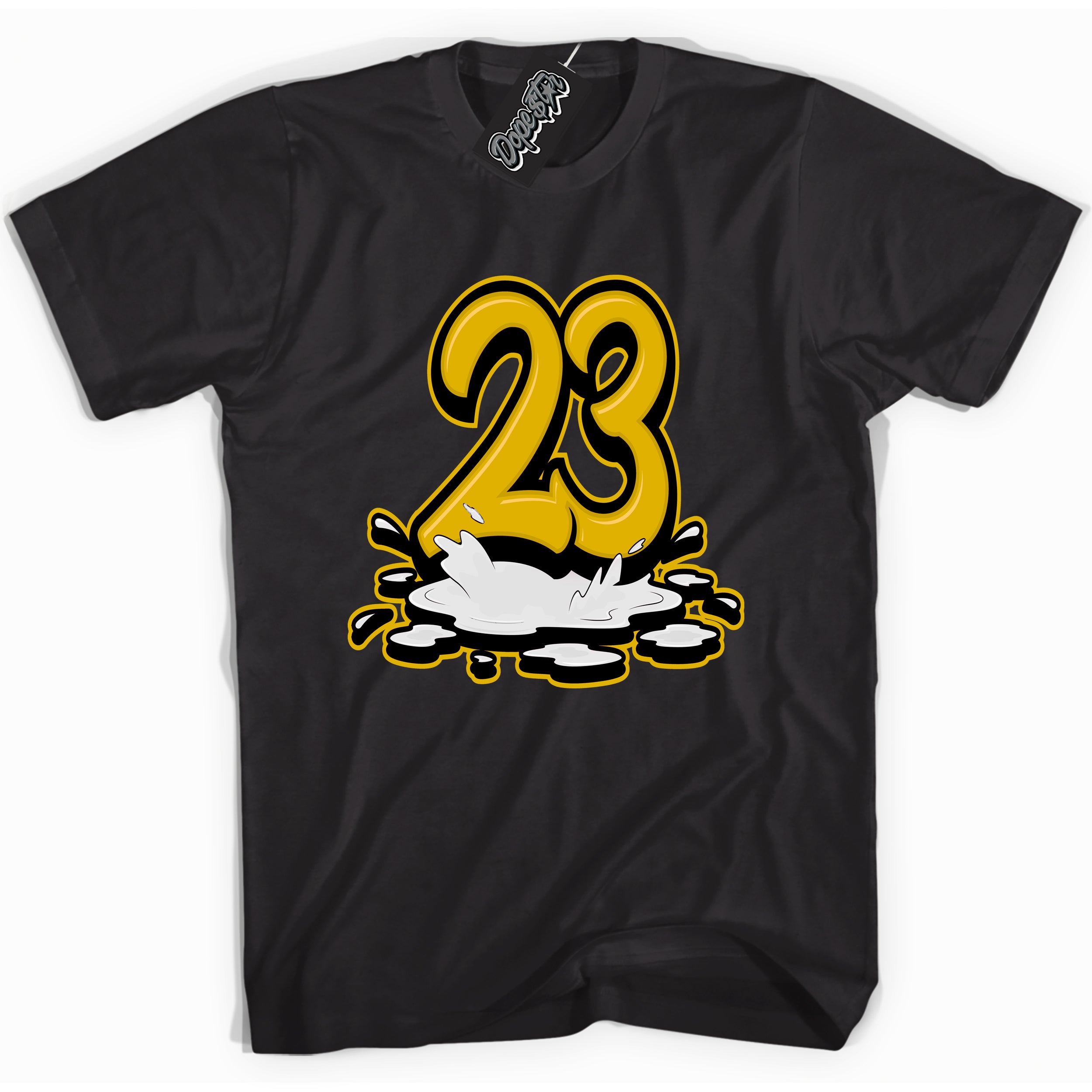 Cool Black Shirt with “ 23 Melting ” design that perfectly matches Yellow Ochre 6s Sneakers.