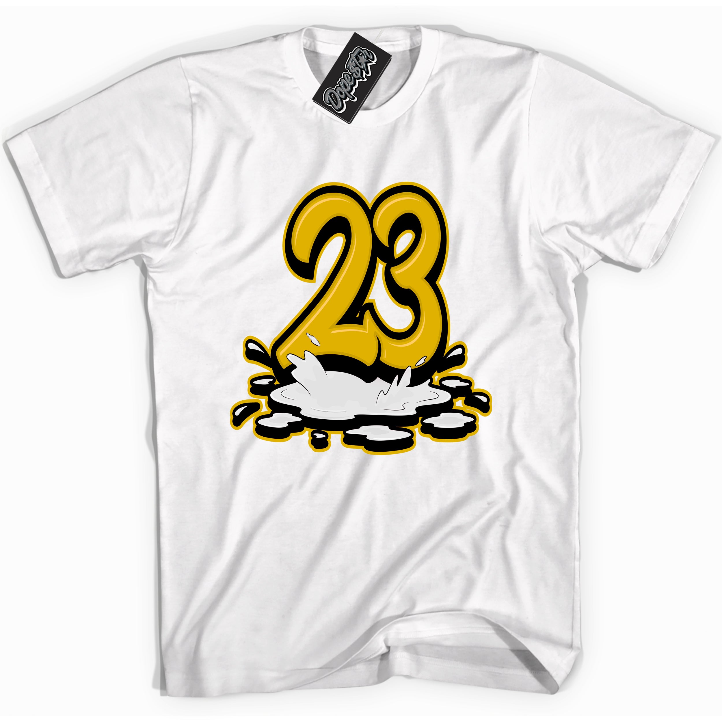 Cool White Shirt with “ 23 Melting ” design that perfectly matches Yellow Ochre 6s Sneakers.
