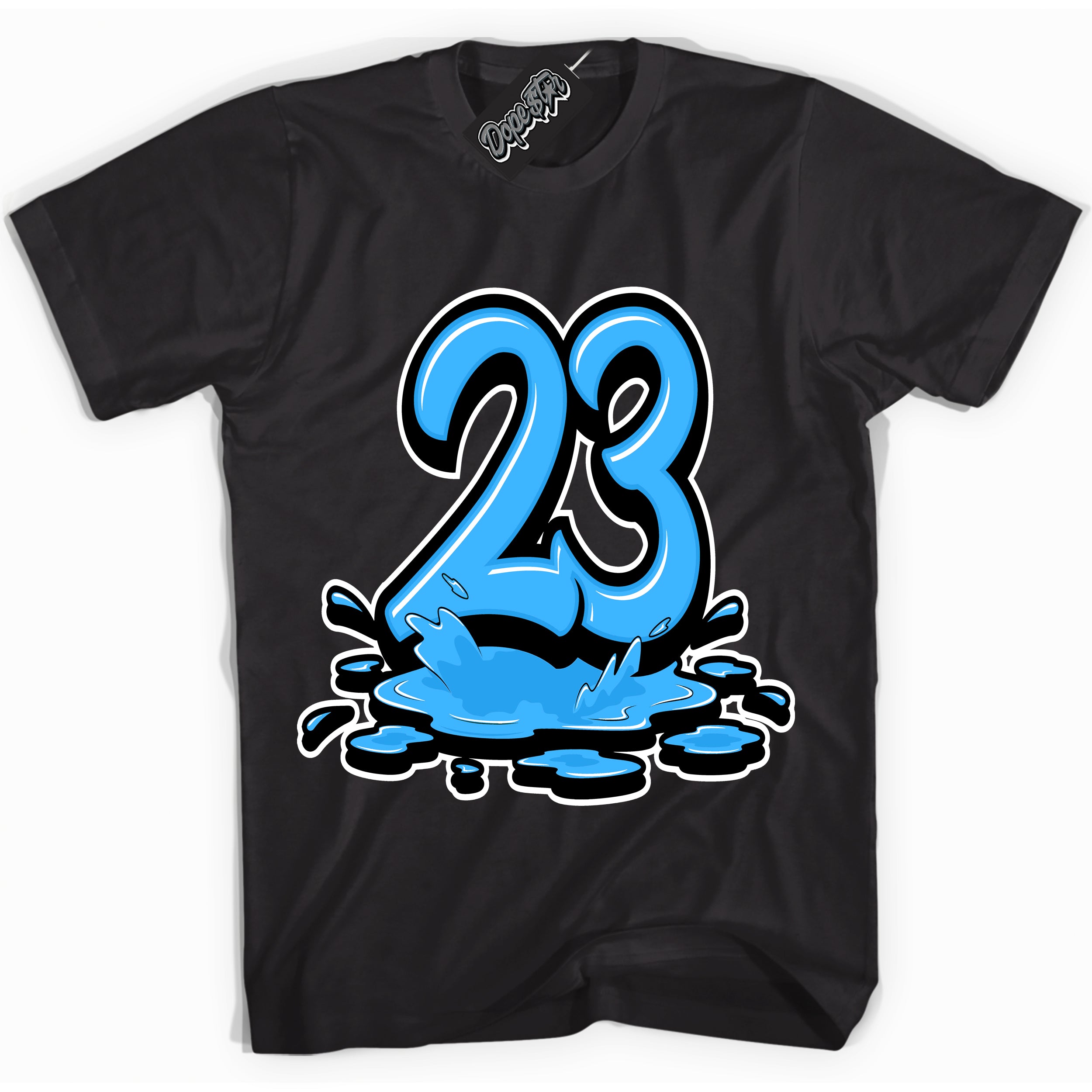 Cool Black graphic tee with “ 23 Melting ” design, that perfectly matches Powder Blue 9s sneakers 