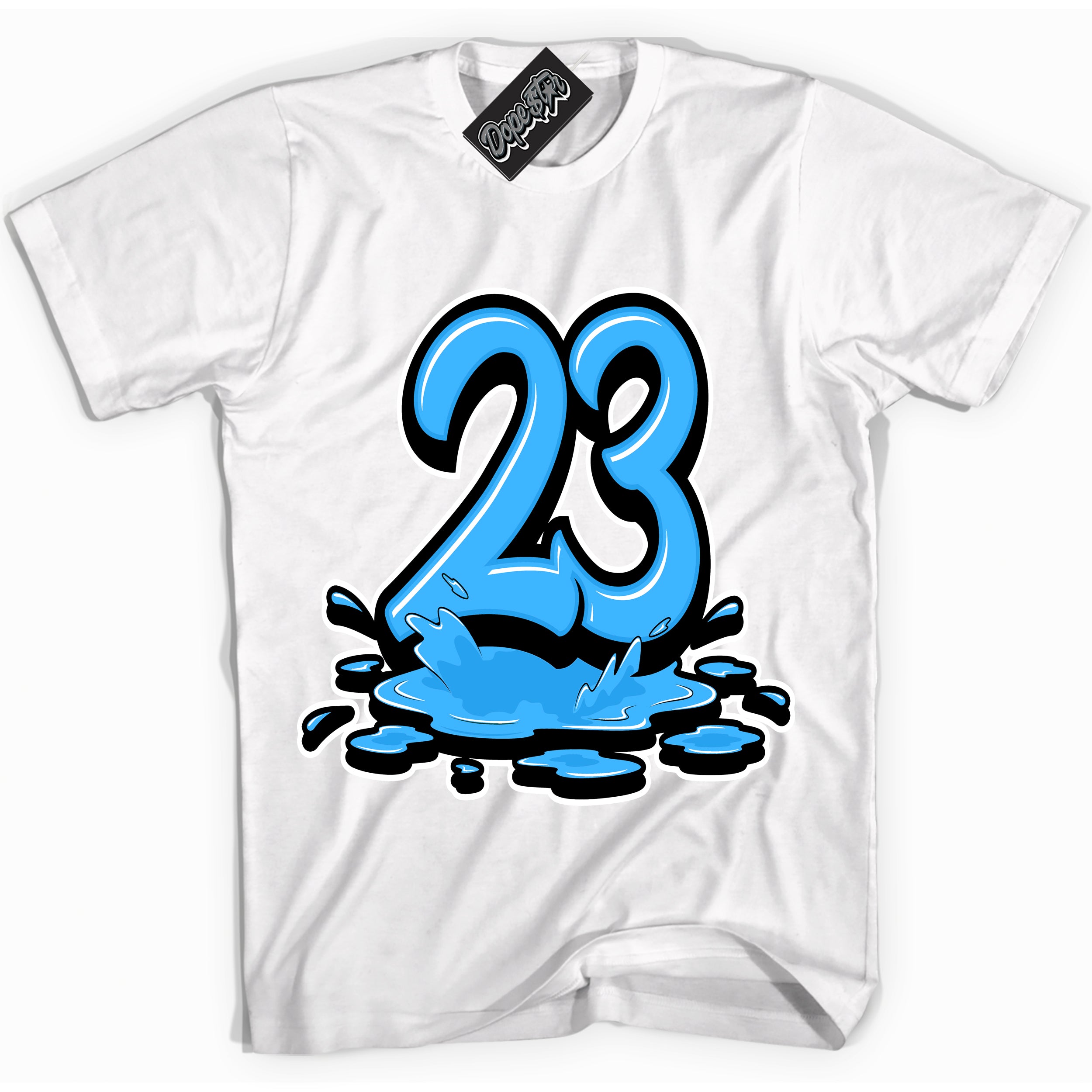 Cool White graphic tee with “ 23 Melting ” design, that perfectly matches Powder Blue 9s sneakers 