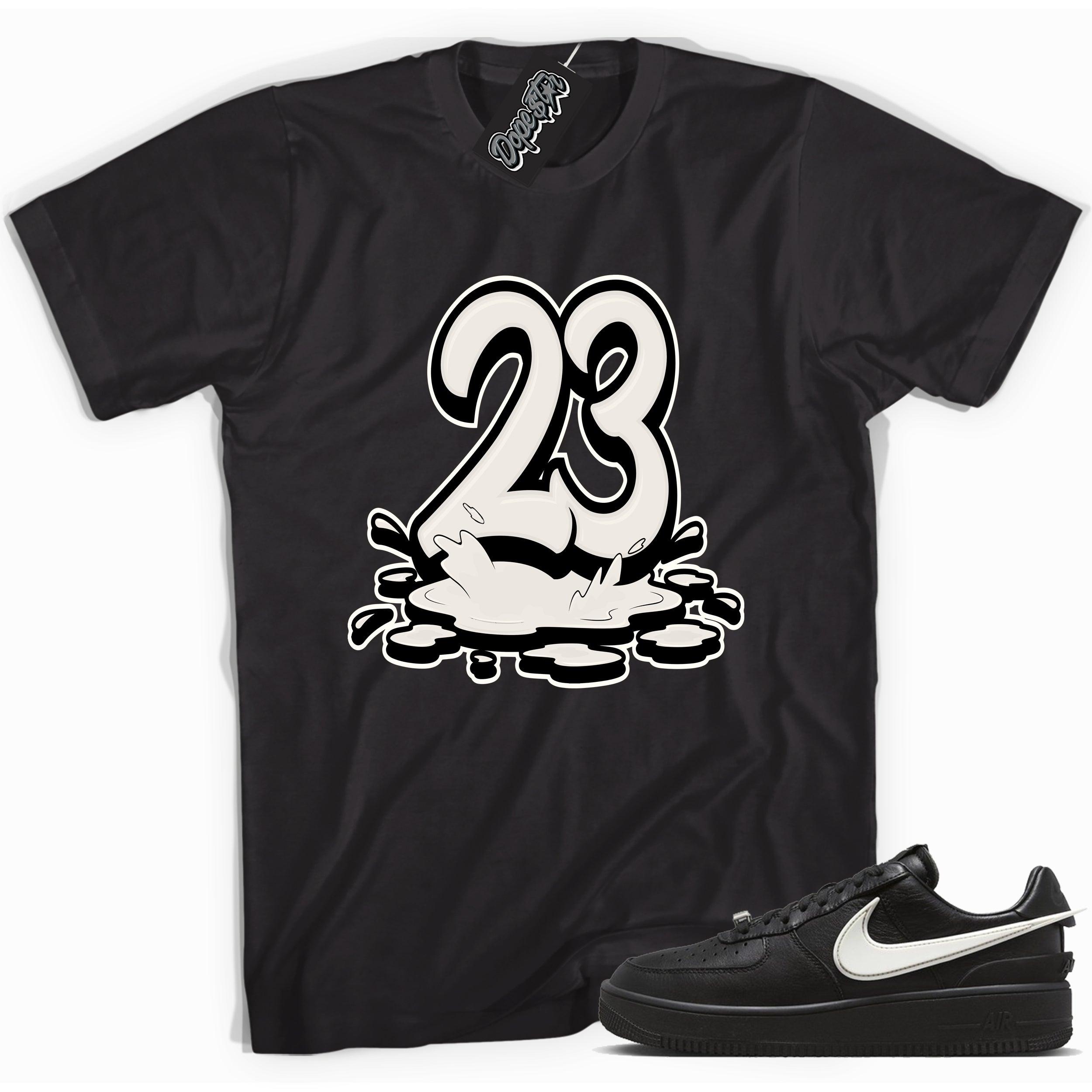 Cool black graphic tee with '23 melting twenty three melting' print, that perfectly matches Nike Air Force 1 Low SP Ambush Phantom sneakers.