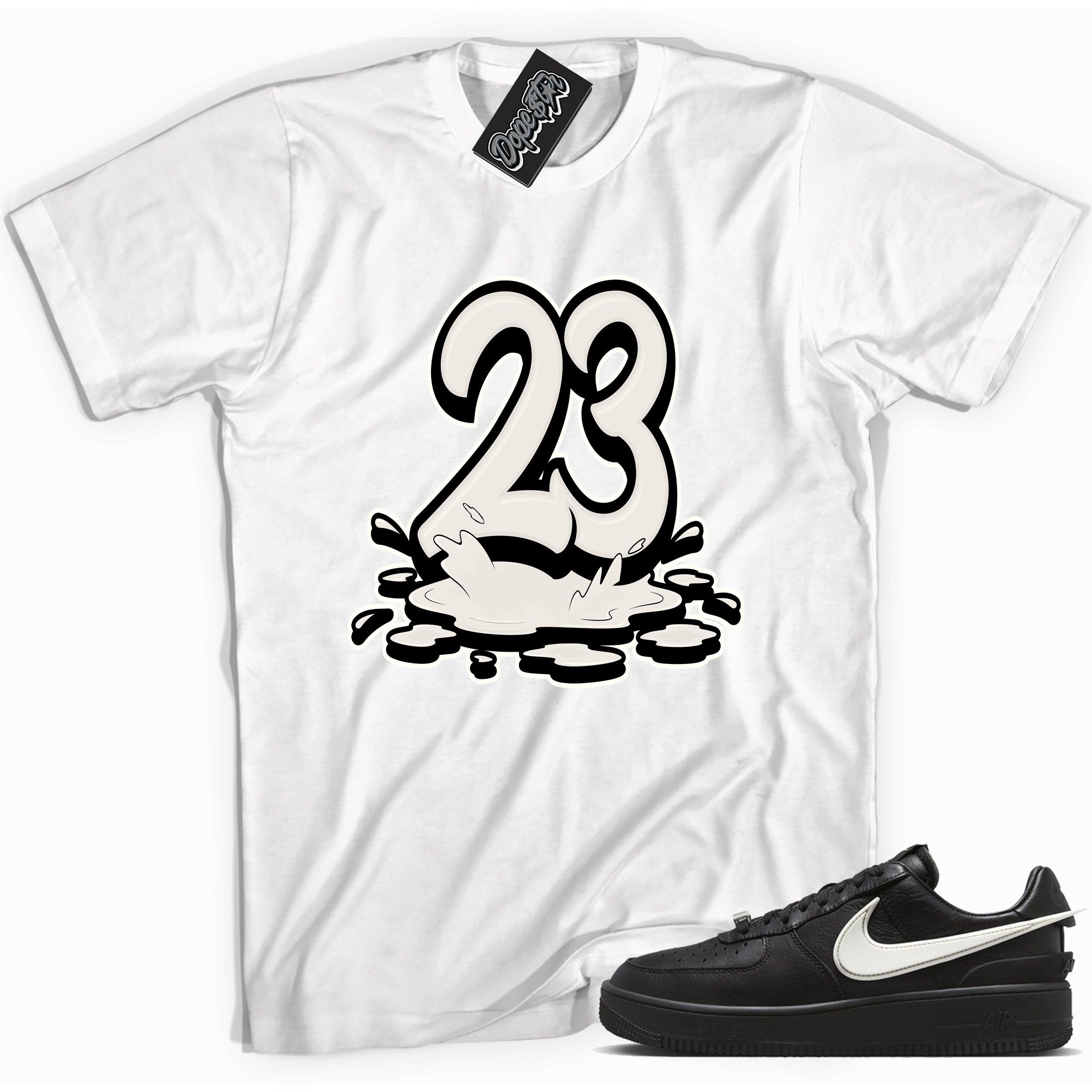 Cool white graphic tee with '23 melting twenty three melting' print, that perfectly matches Nike Air Force 1 Low SP Ambush Phantom sneakers.