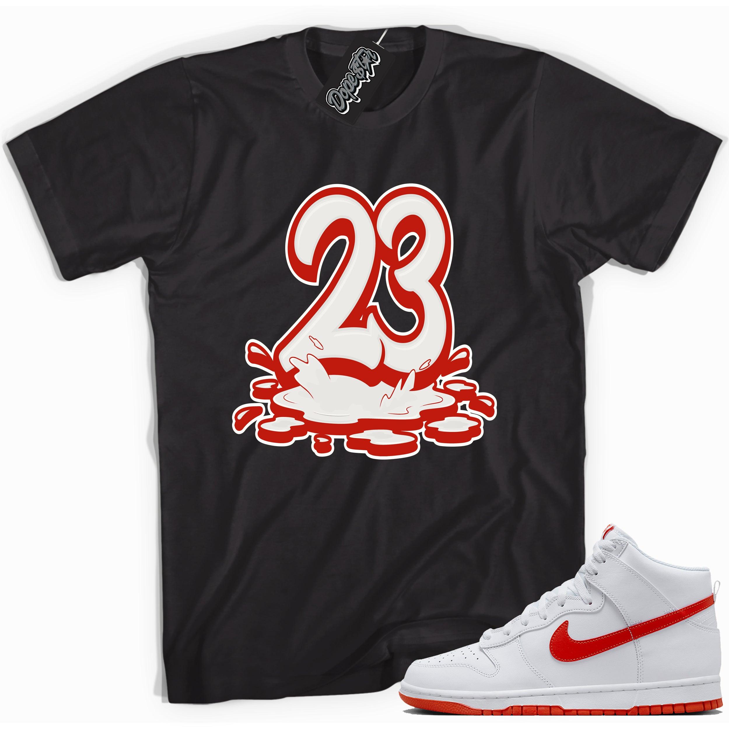 Cool black graphic tee with '23 melting' print, that perfectly matches Nike Dunk High White Picante Red sneakers.