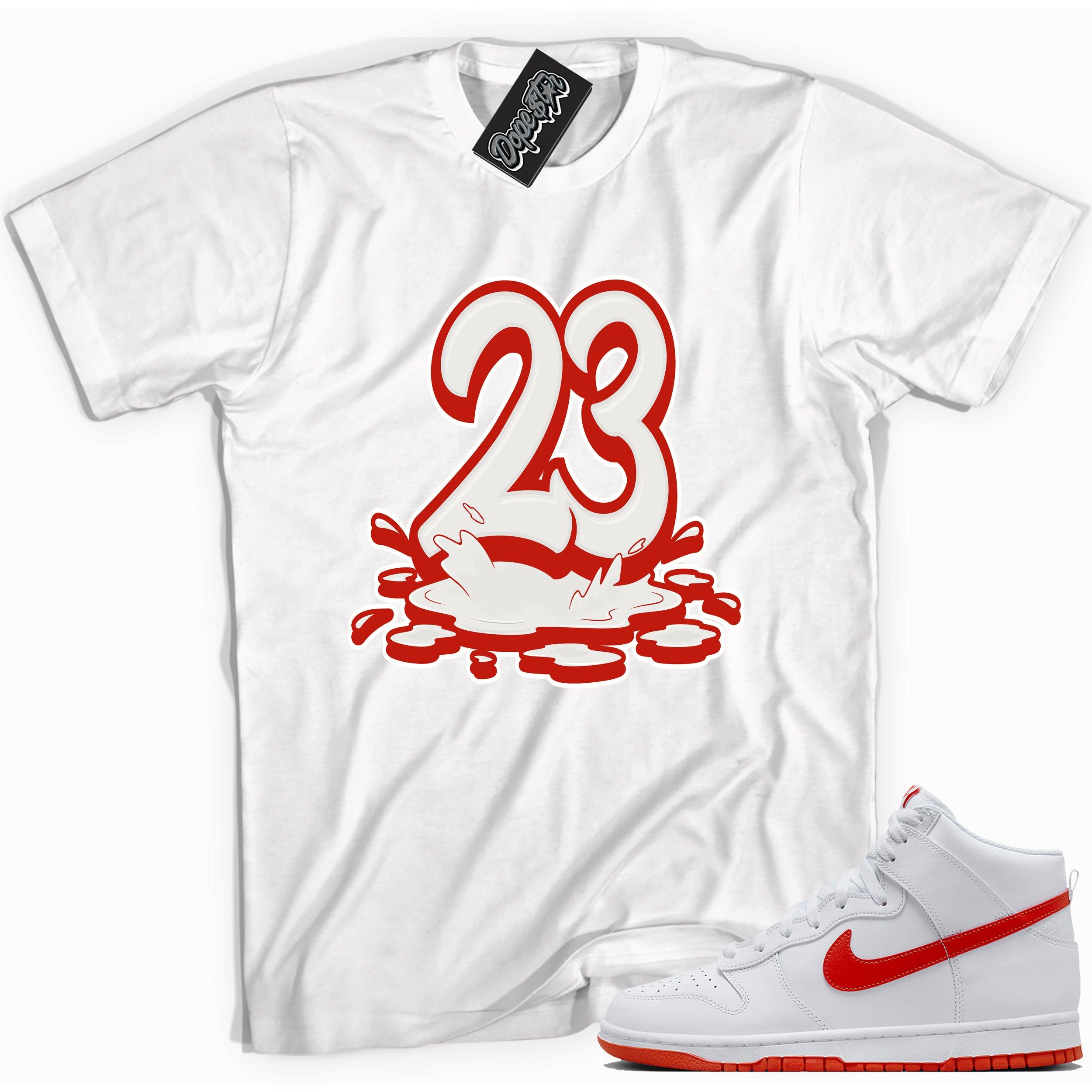 Cool white graphic tee with '23 melting' print, that perfectly matches Nike Dunk High White Picante Red sneakers.