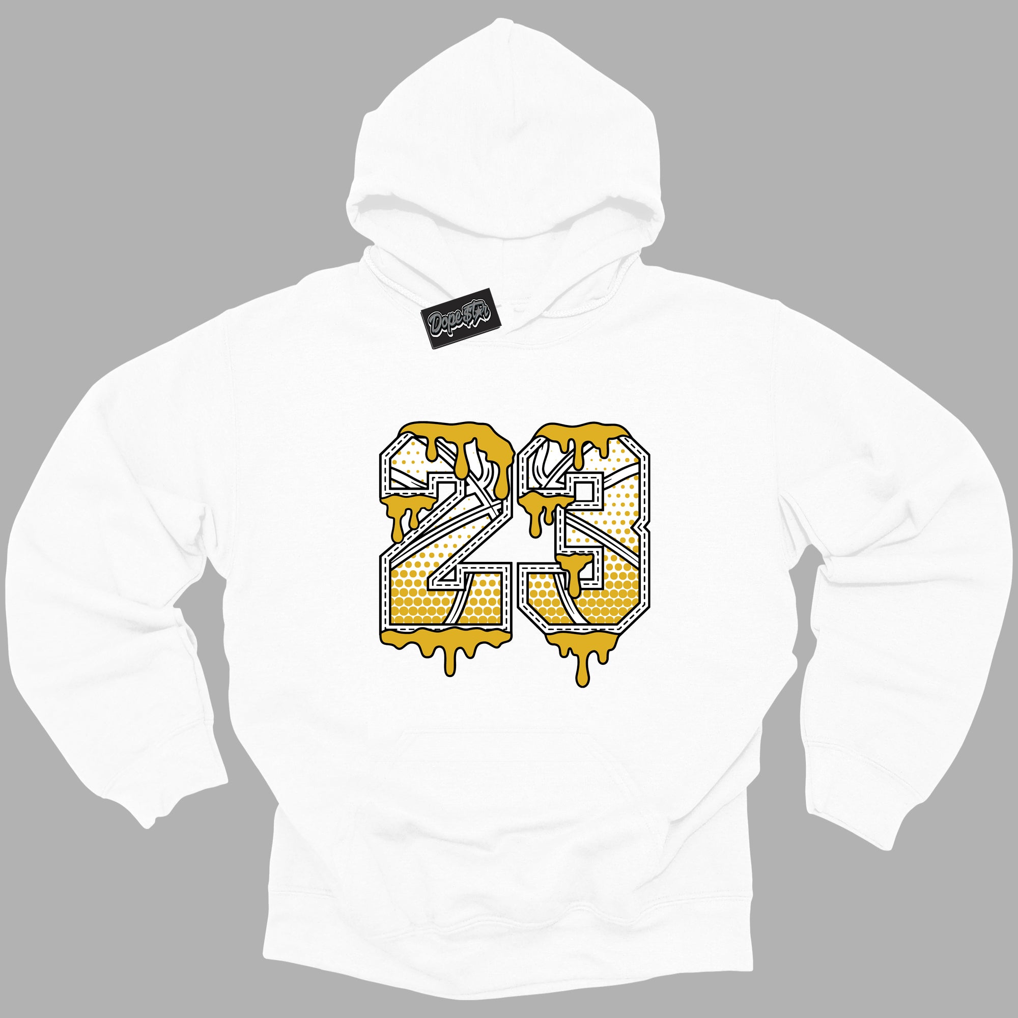 Cool White Hoodie with “ 23 Ball ”  design that Perfectly Matches Yellow Ochre 6s Sneakers.