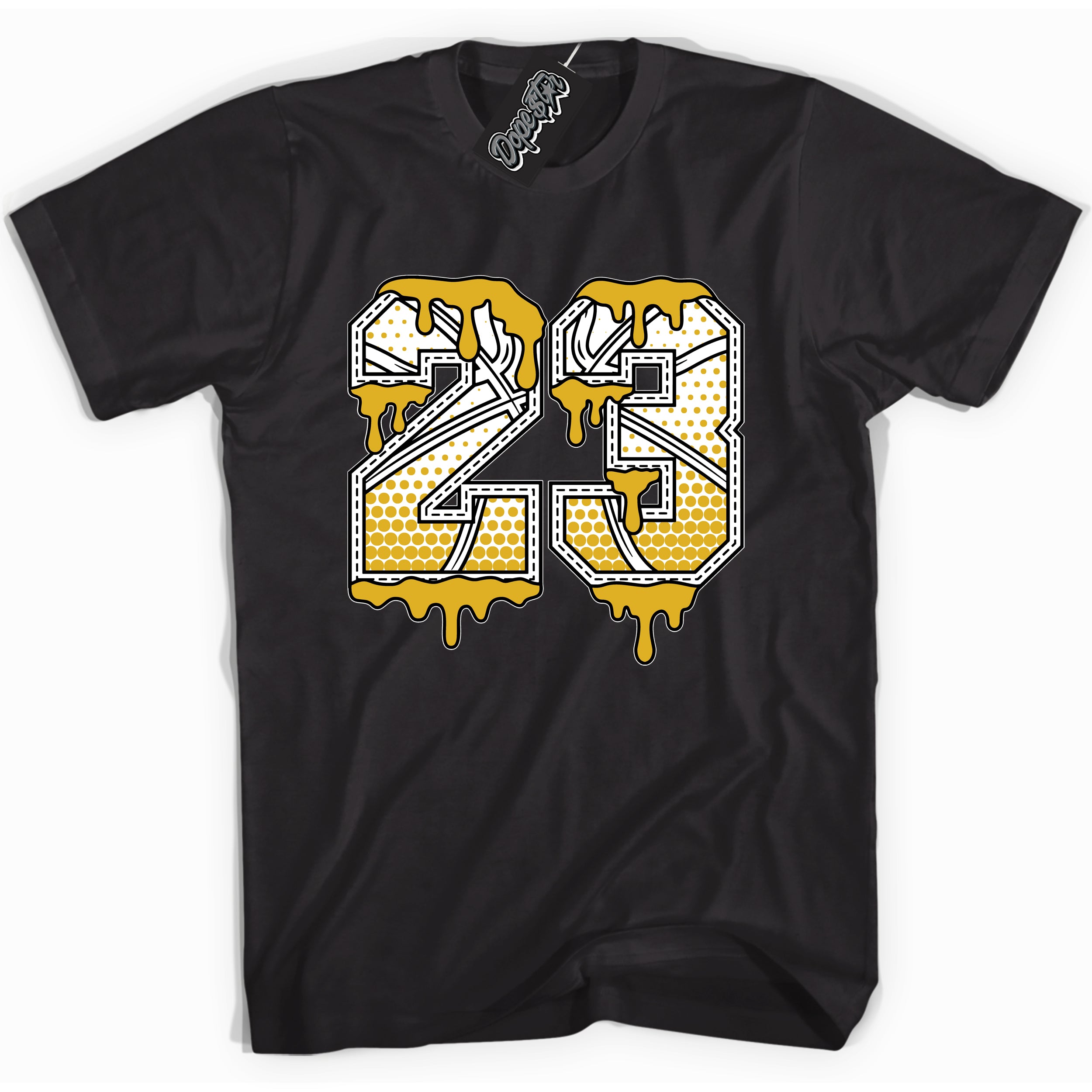 Cool Black Shirt with “ 23 Ball” design that perfectly matches Yellow Ochre 6s Sneakers.