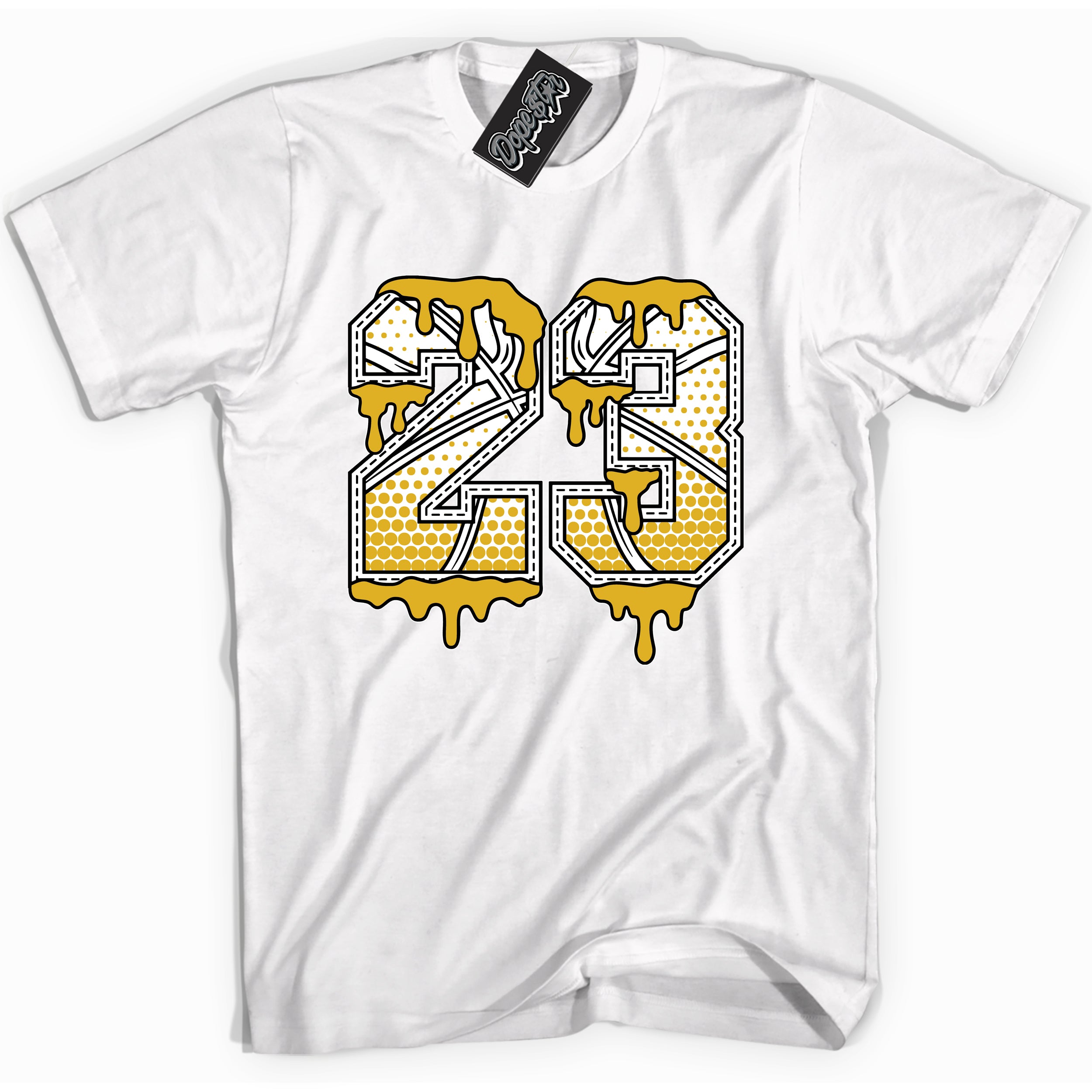 Cool White Shirt with “ 23 Ball” design that perfectly matches Yellow Ochre 6s Sneakers.