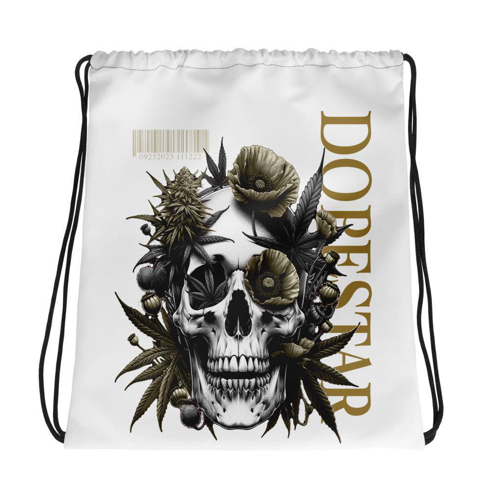 Dia de Muertos 1s DopeStar White Drawstring Bag Skull Poppies Graphic