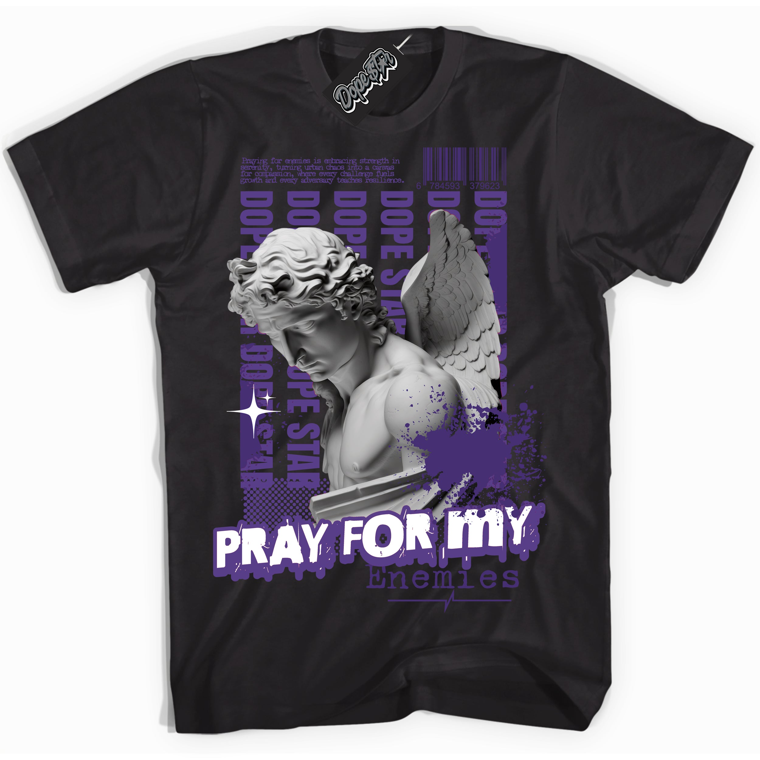 Cool Black Shirt with “ Pray Enemies” design that perfectly matches Protro Court Purple 8s Sneakers.