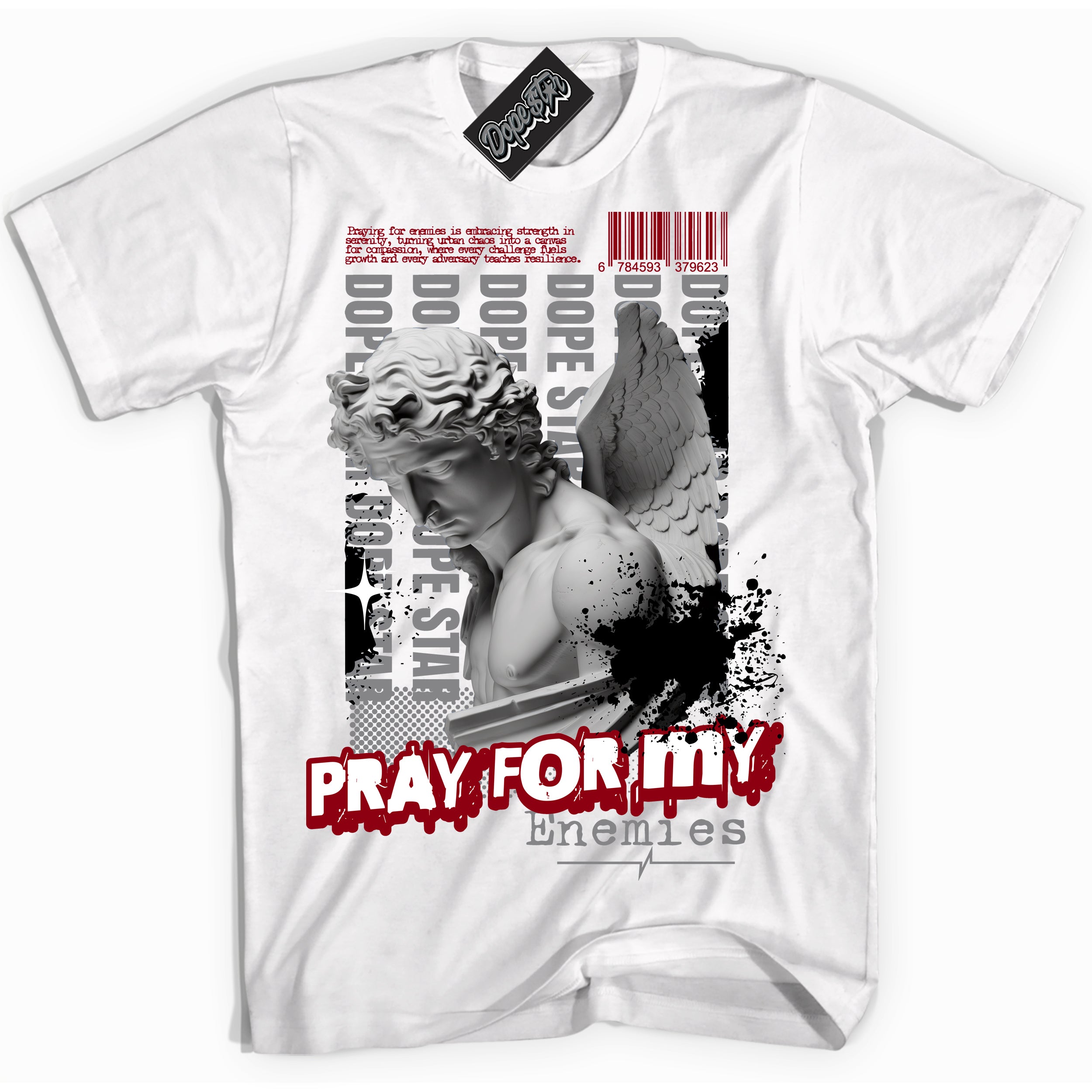 Cool White Shirt with “ Pray Enemies” design that perfectly matches Particle Grey 9s Sneakers.