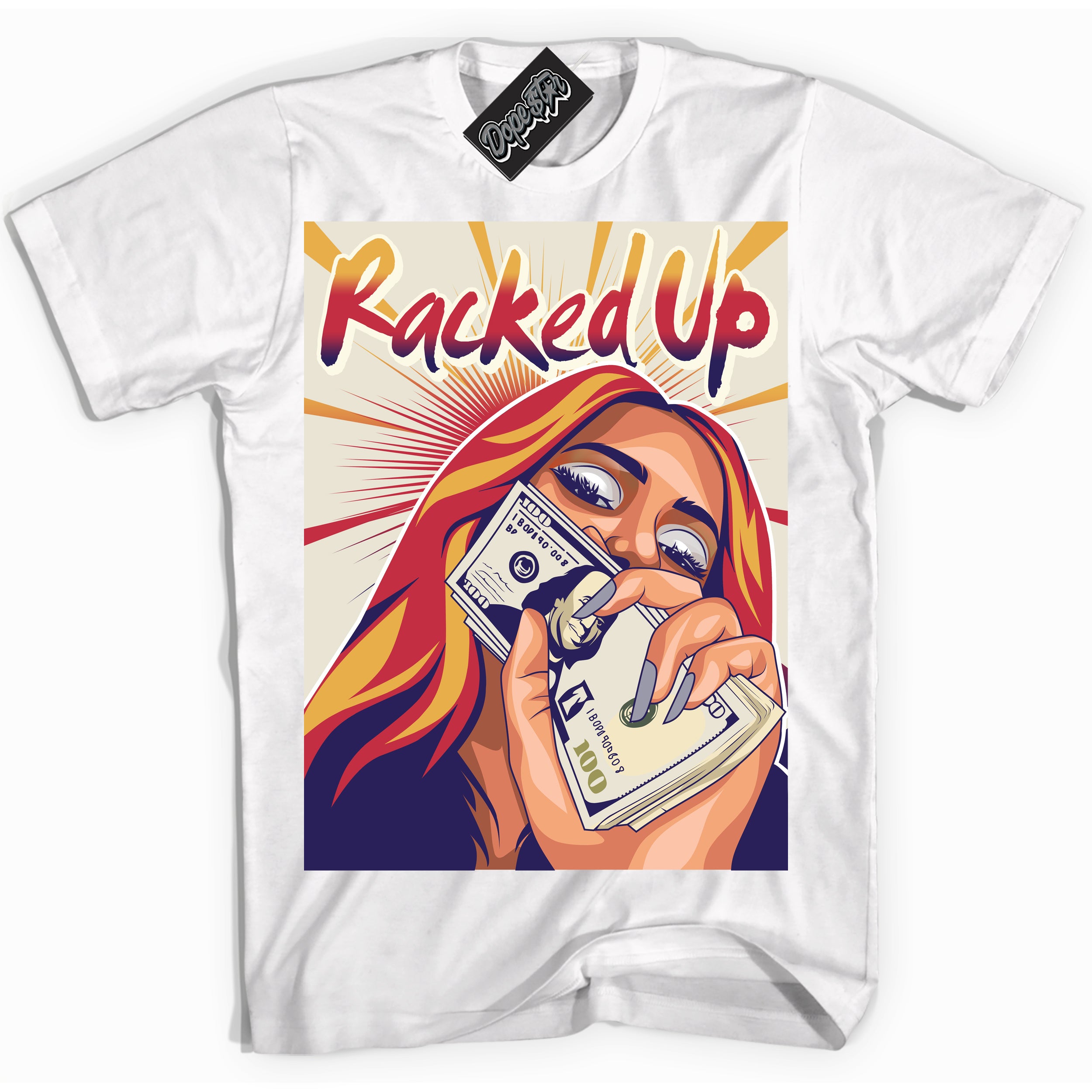 Cool White Shirt with “ Racked Up” design that perfectly matches J Balvin Sunset 3s Jordans.