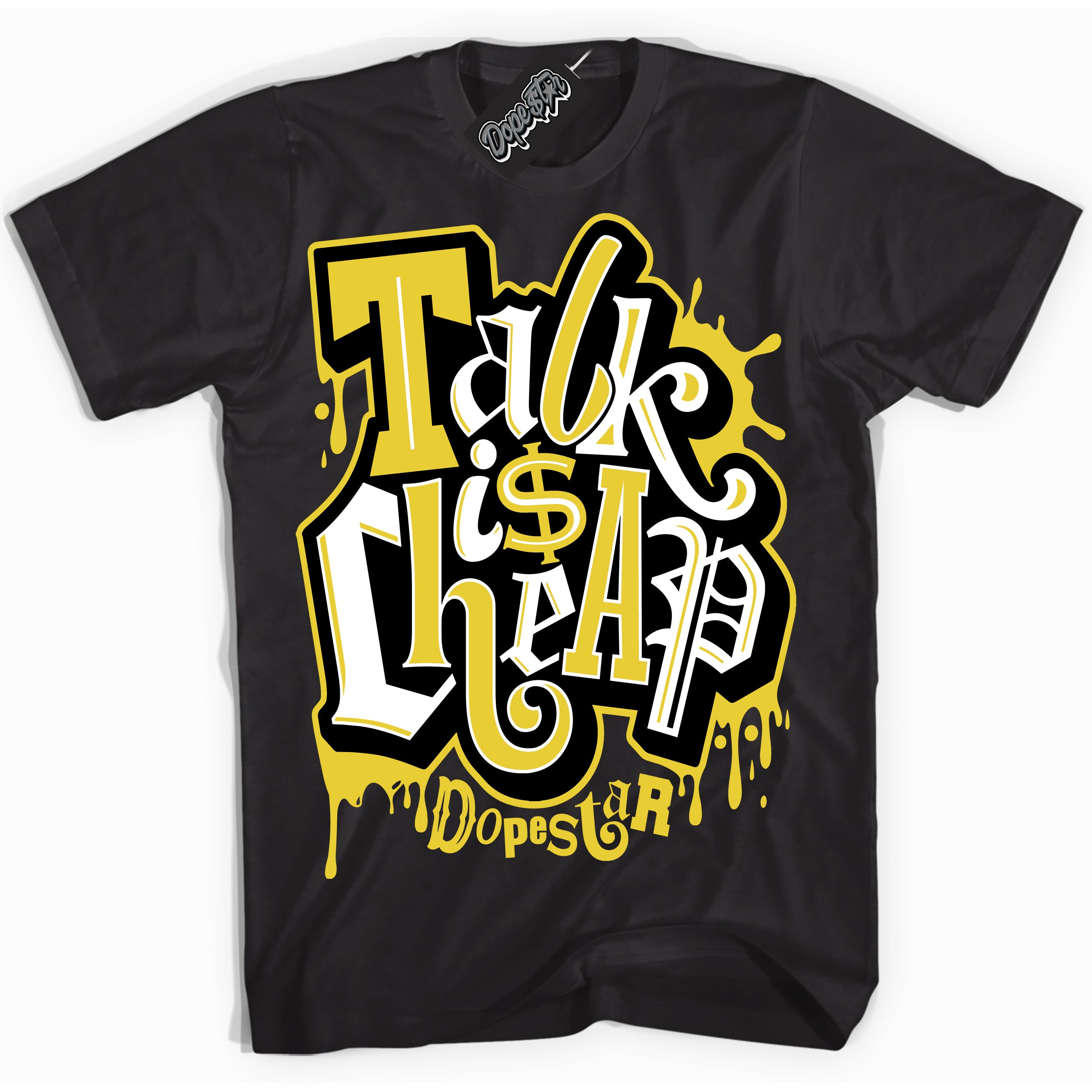 Cool Black Shirt with “ Talk Is Cheap” design that perfectly matches Vivid Sulfur 4s Jordans.
