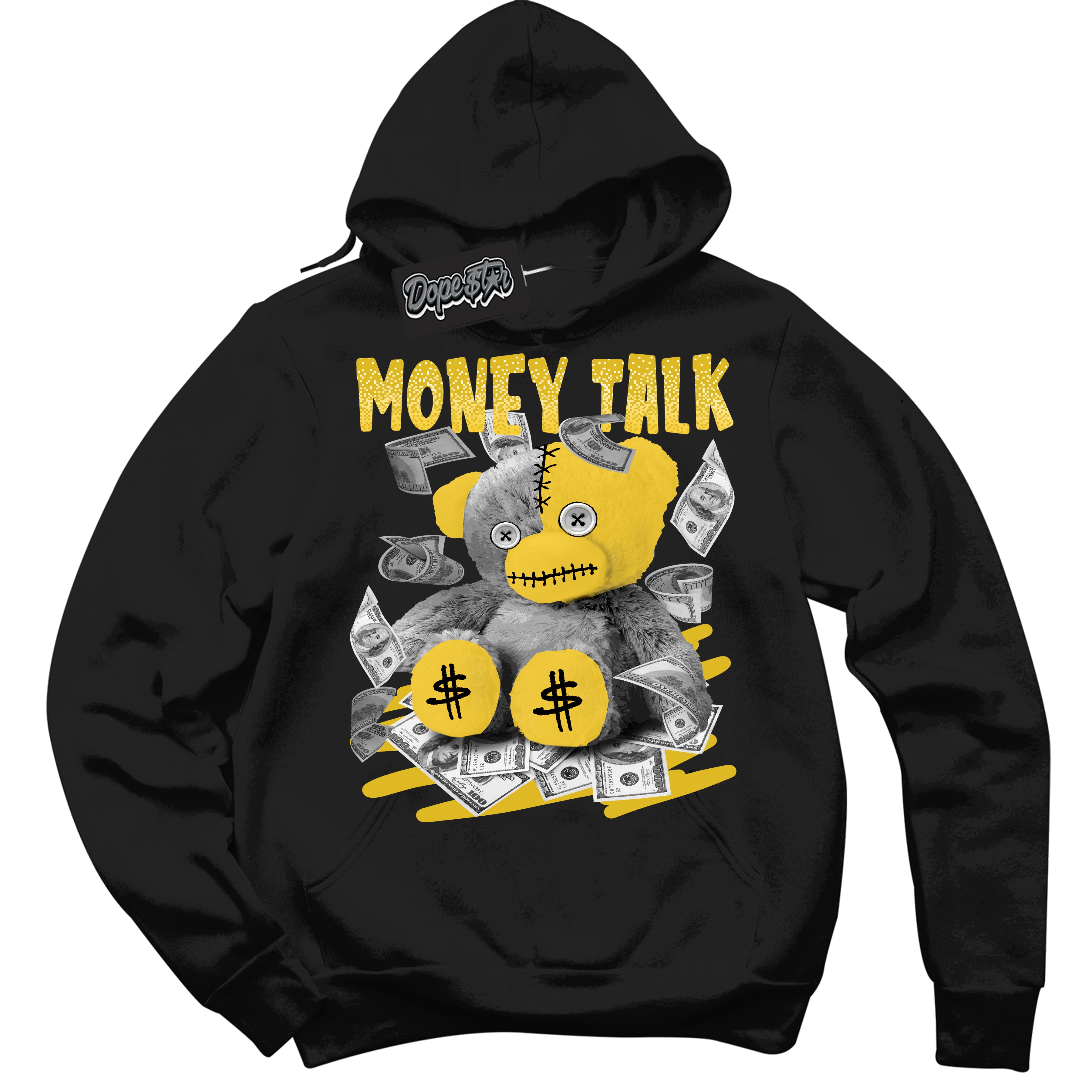 Cool Black Hoodie with “ Money Talk Bear ”  design that Perfectly Matches Vivid Sulfur 4s Jordans.
