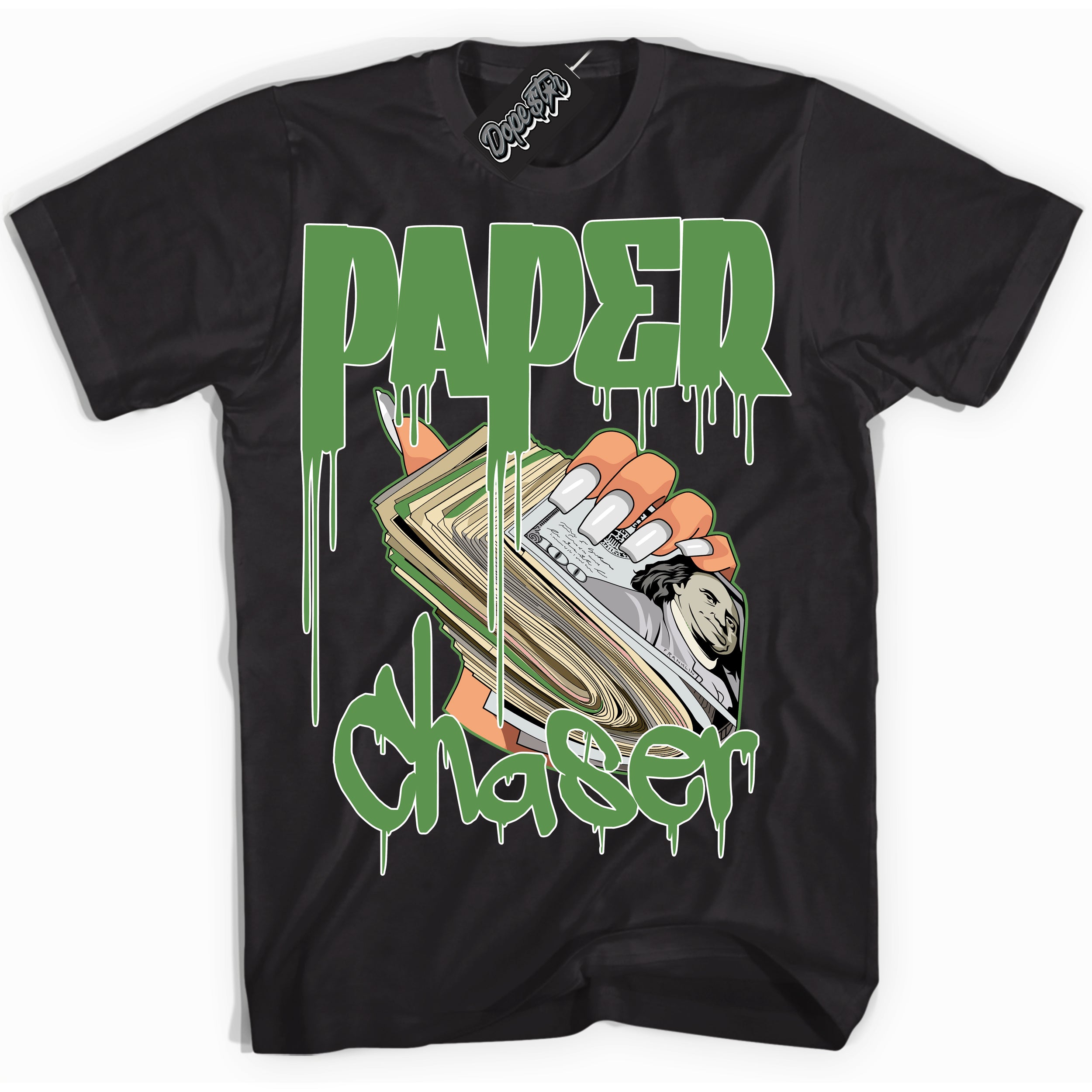 Cool Black Shirt with “ Paper Chaser ” design that perfectly matches Chlorophyll 1s Jordans.
