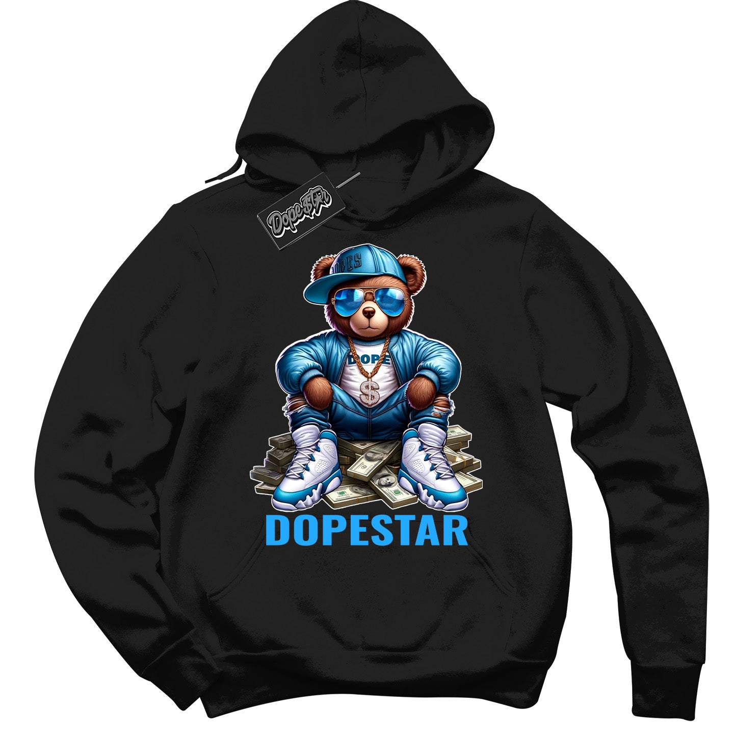 Cool Black Graphic DopeStar Hoodie with “  Dope Bear  “ print, that perfectly matches Powder Blue 9s sneakers