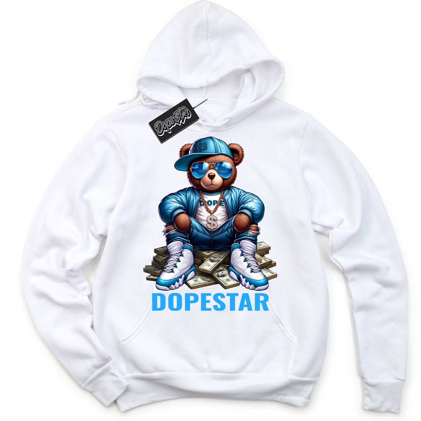 Cool White Graphic DopeStar Hoodie with “  Dope Bear “ print, that perfectly matches Powder Blue 9s sneakers