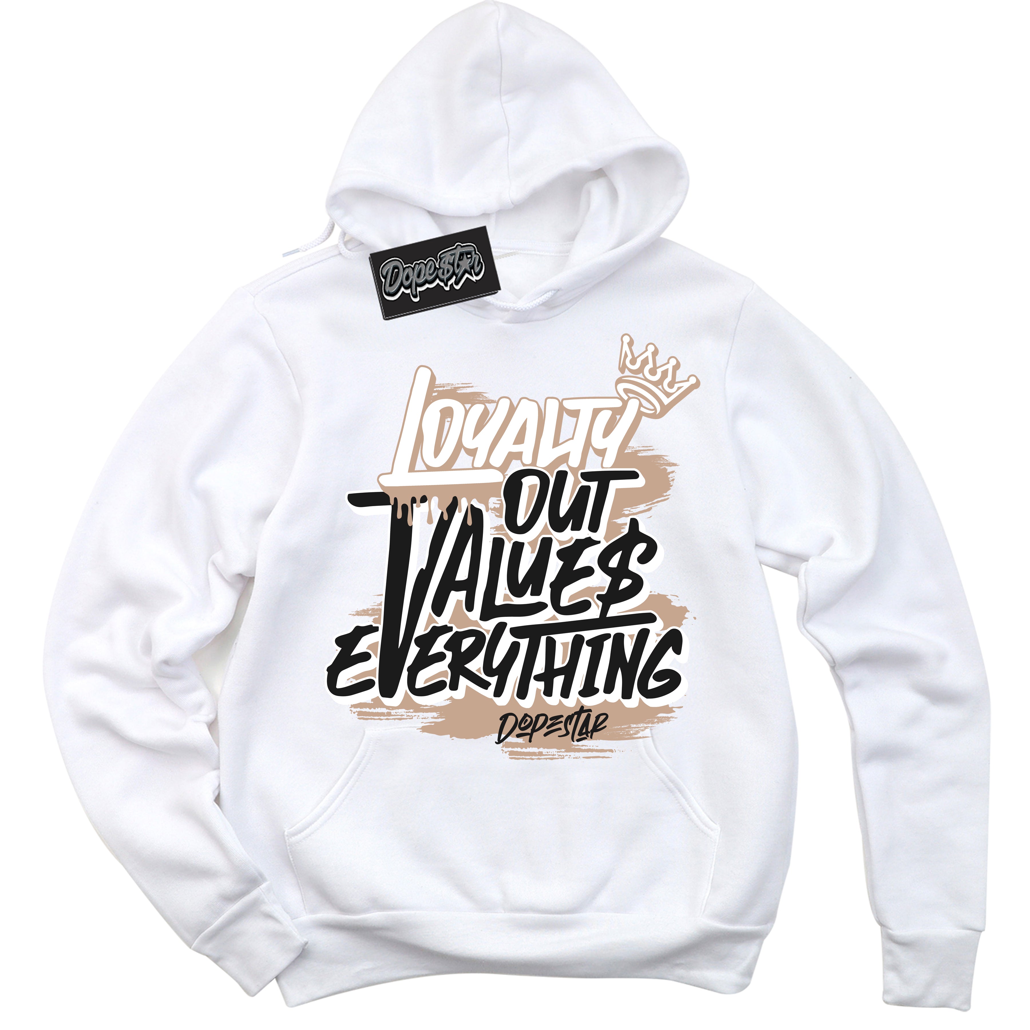 Cool White Hoodie with “ Loyalty Out Values Everything ”  design that Perfectly Matches Gratitude 11s Sneakers.