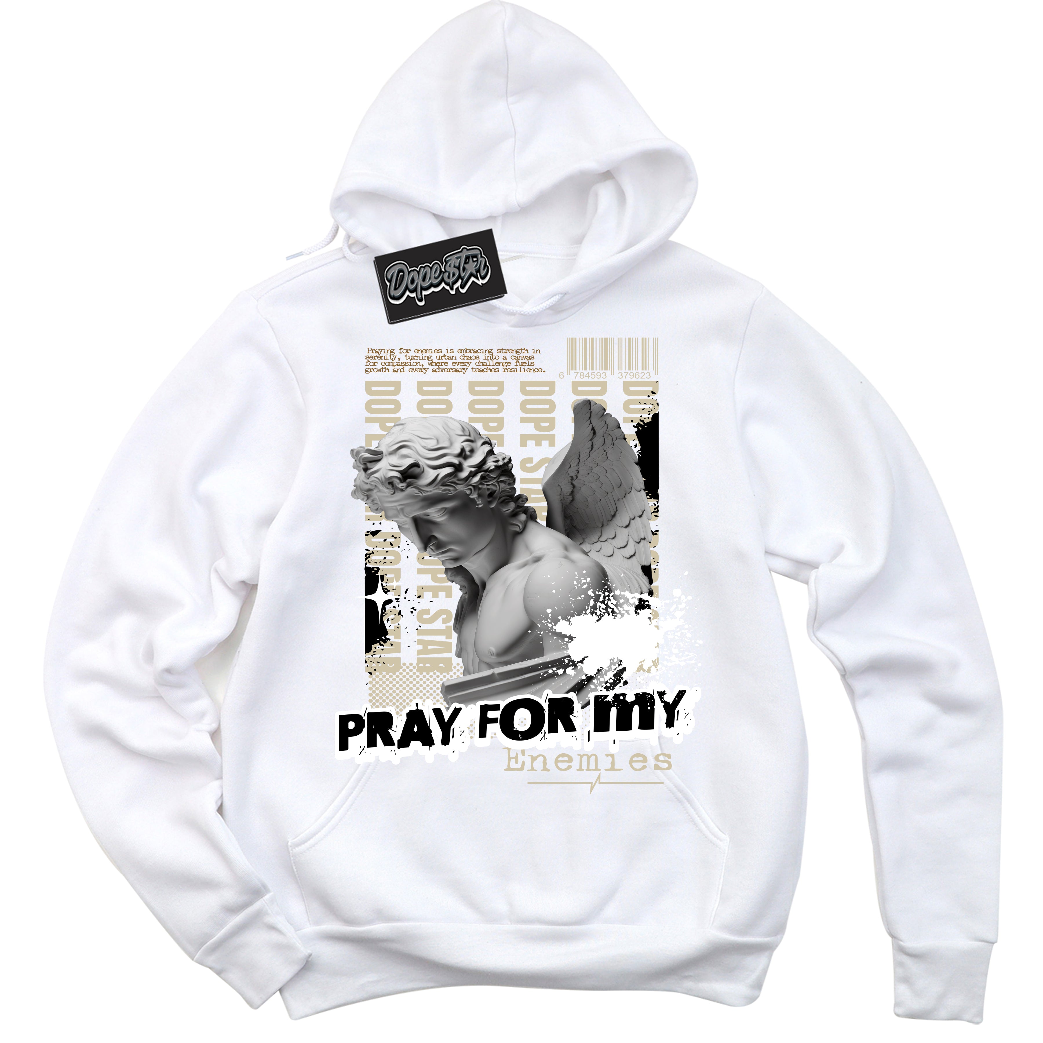 Cool White Hoodie with “ Pray Enemies ”  design that Perfectly Matches Gratitude 11s Sneakers.