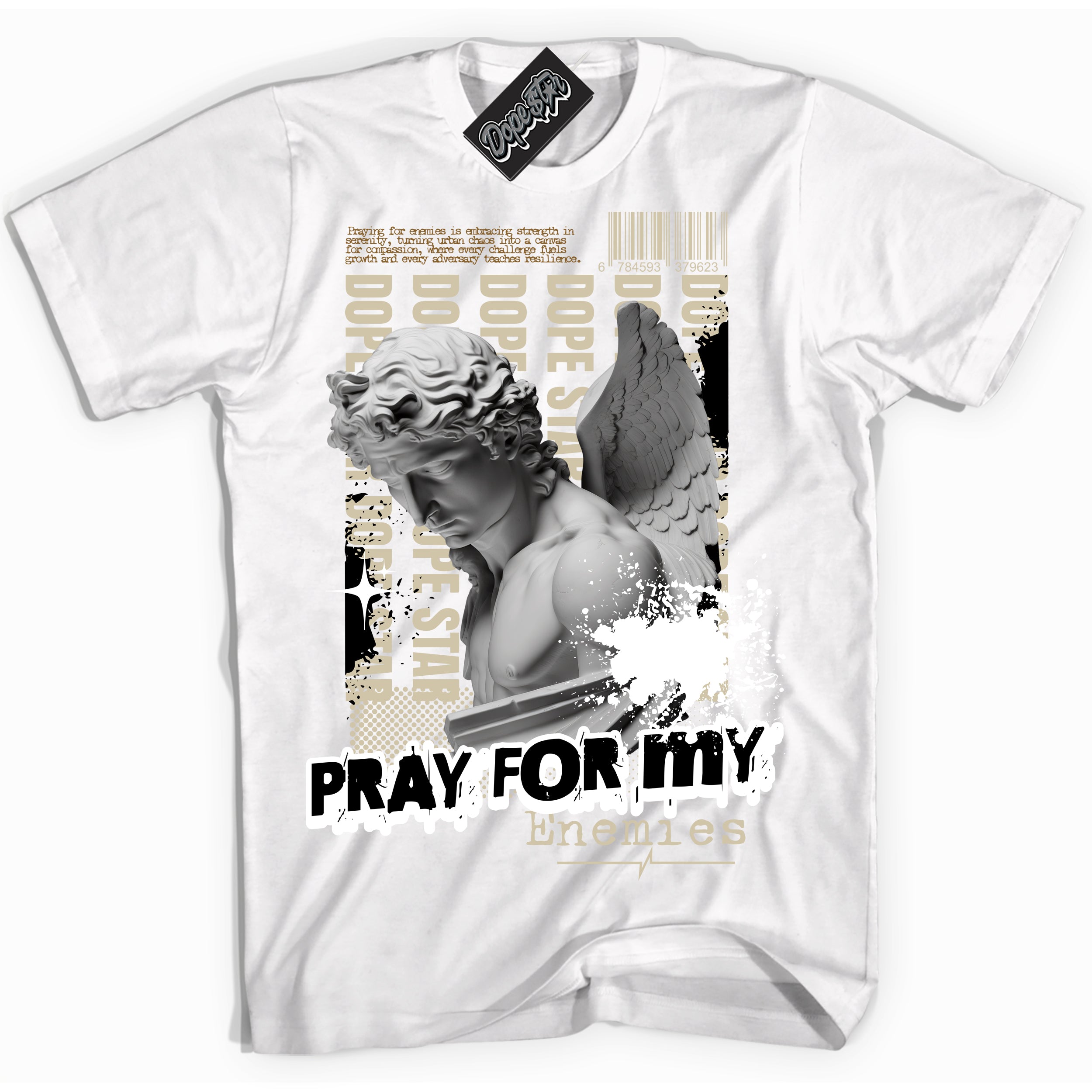 Cool White Shirt with “ Pray Enemies” design that perfectly matches Gratitude 11s Sneakers.