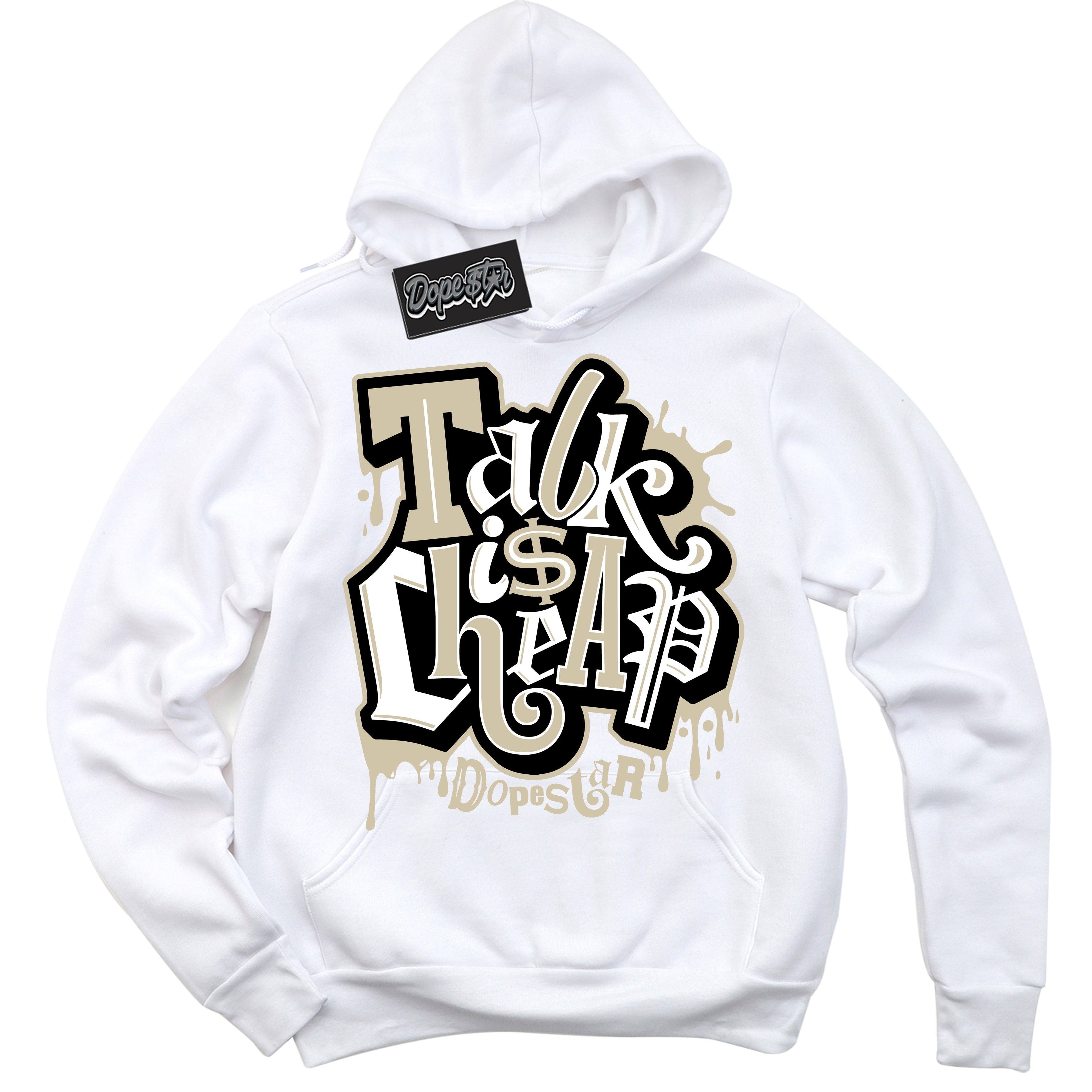 Cool White Hoodie with “ Talk Is Cheap ”  design that Perfectly Matches Gratitude 11s Sneakers.