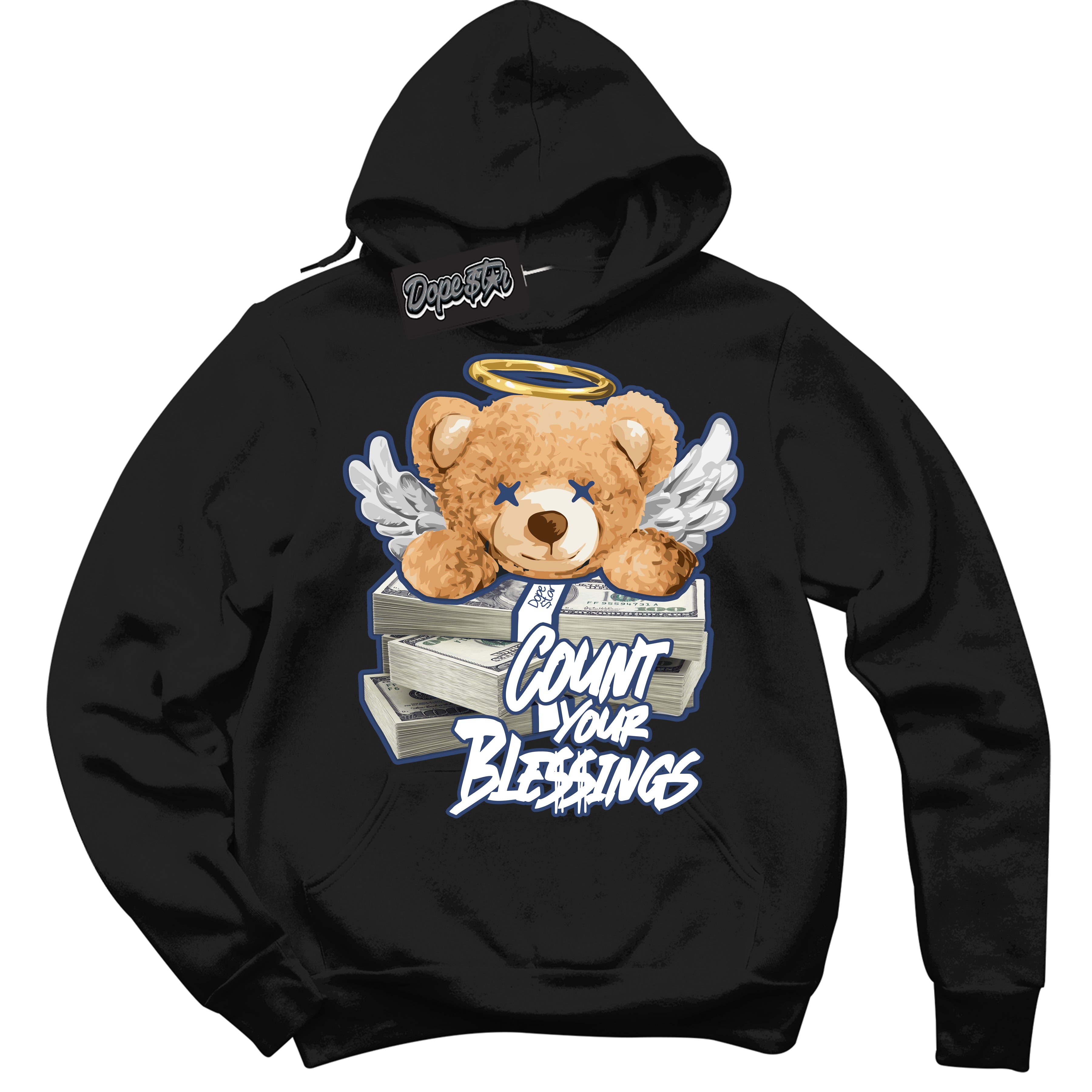 Cool Black Hoodie with “Count Your Blessings” design that Perfectly Matches Diffused Blue 11s Jordans.