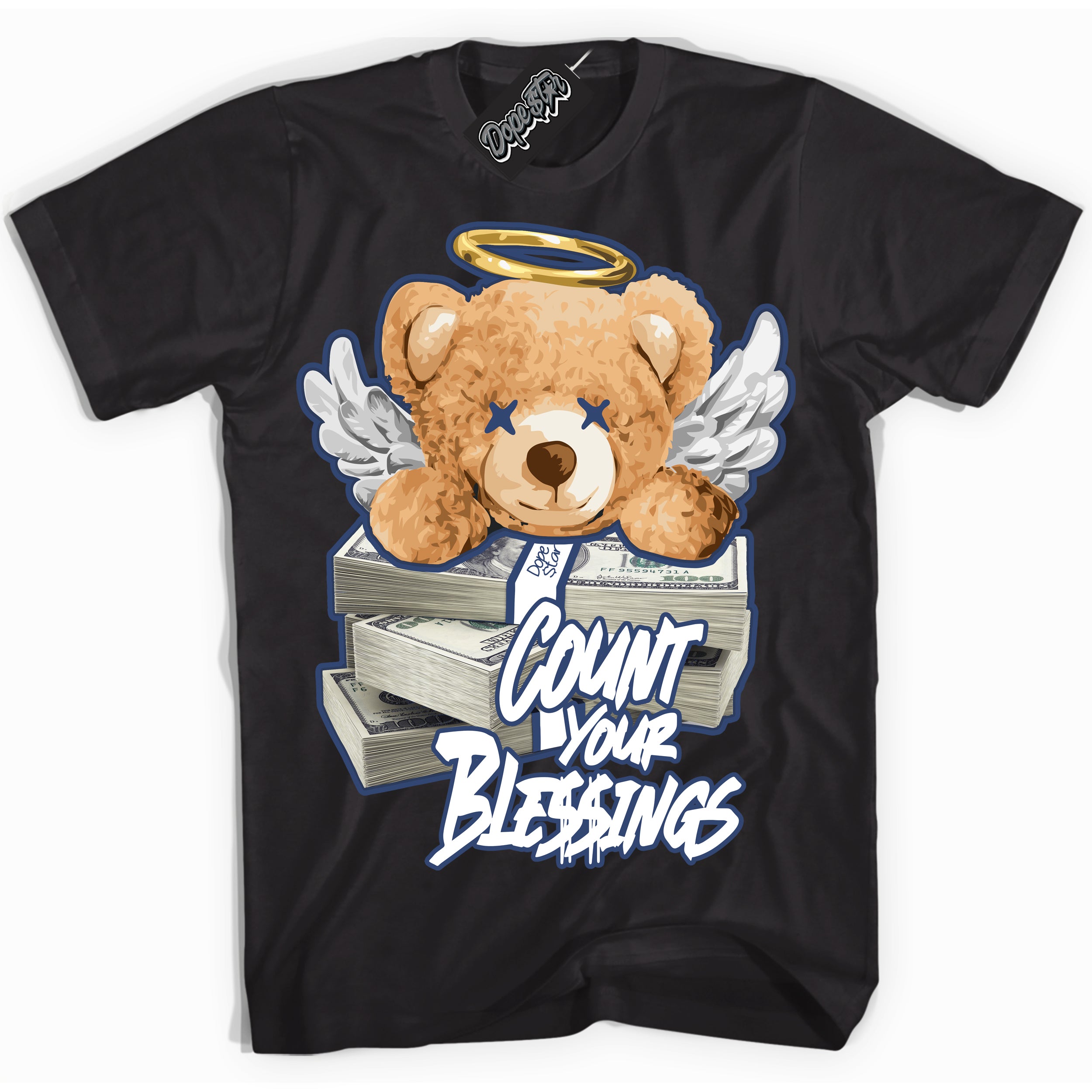 Cool Black Shirt with “Count Your Blessings” design that perfectly matches Diffused Blue 11s Jordans.