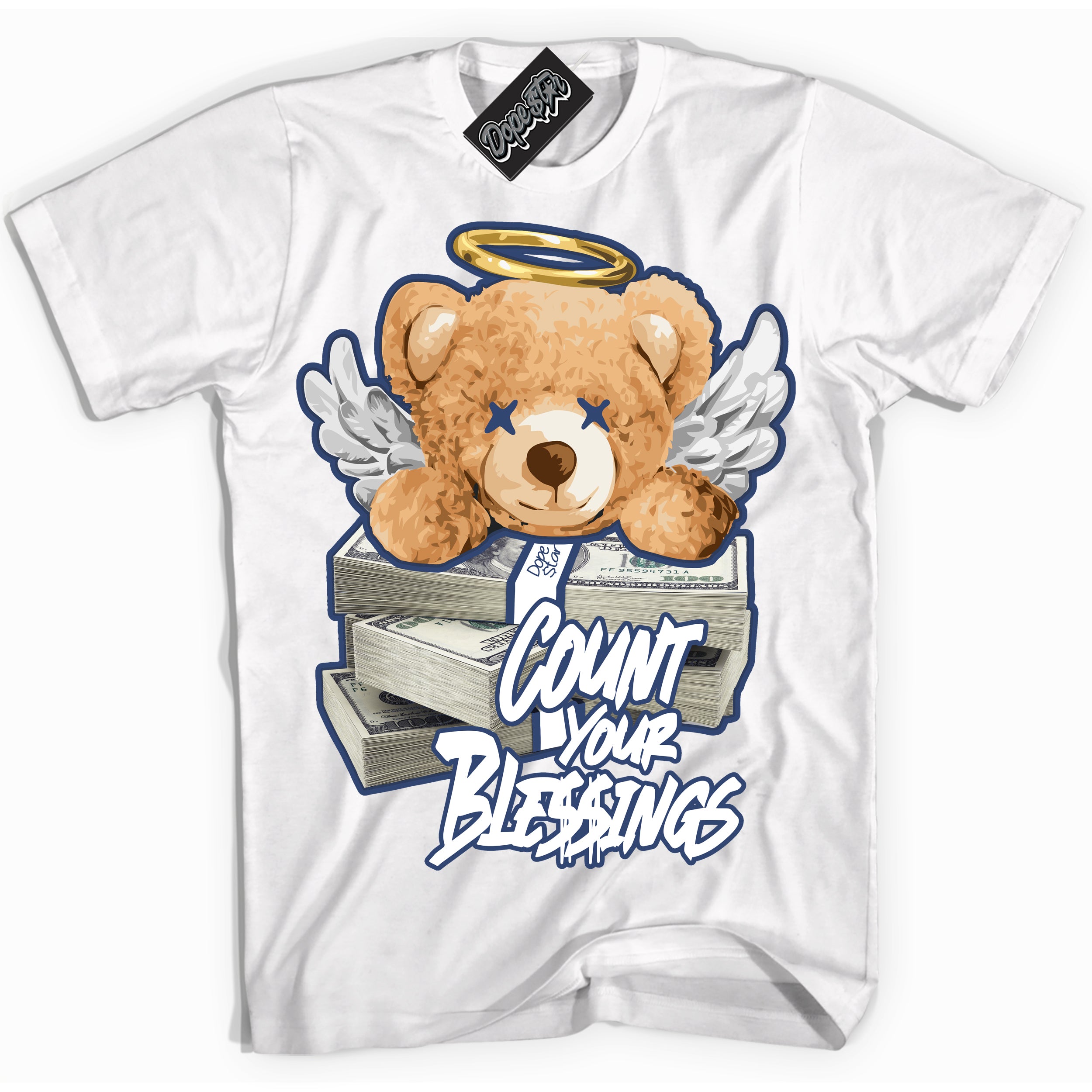 Cool White Shirt with “Count Your Blessings” design that perfectly matches Diffused Blue 11s Jordans.