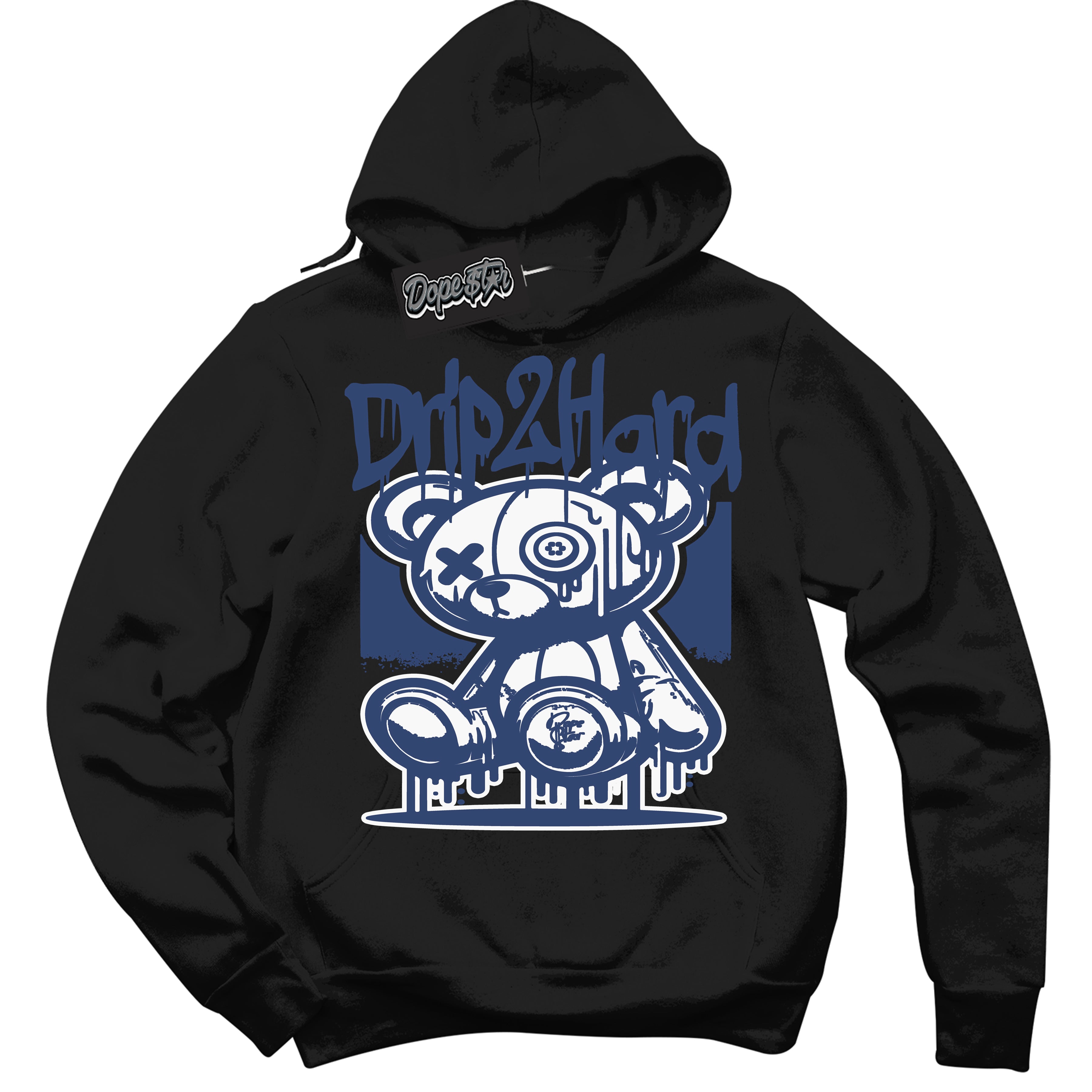 Cool Black Hoodie with “ Drip 2 Hard ” design that Perfectly Matches Diffused Blue 11s Jordans.