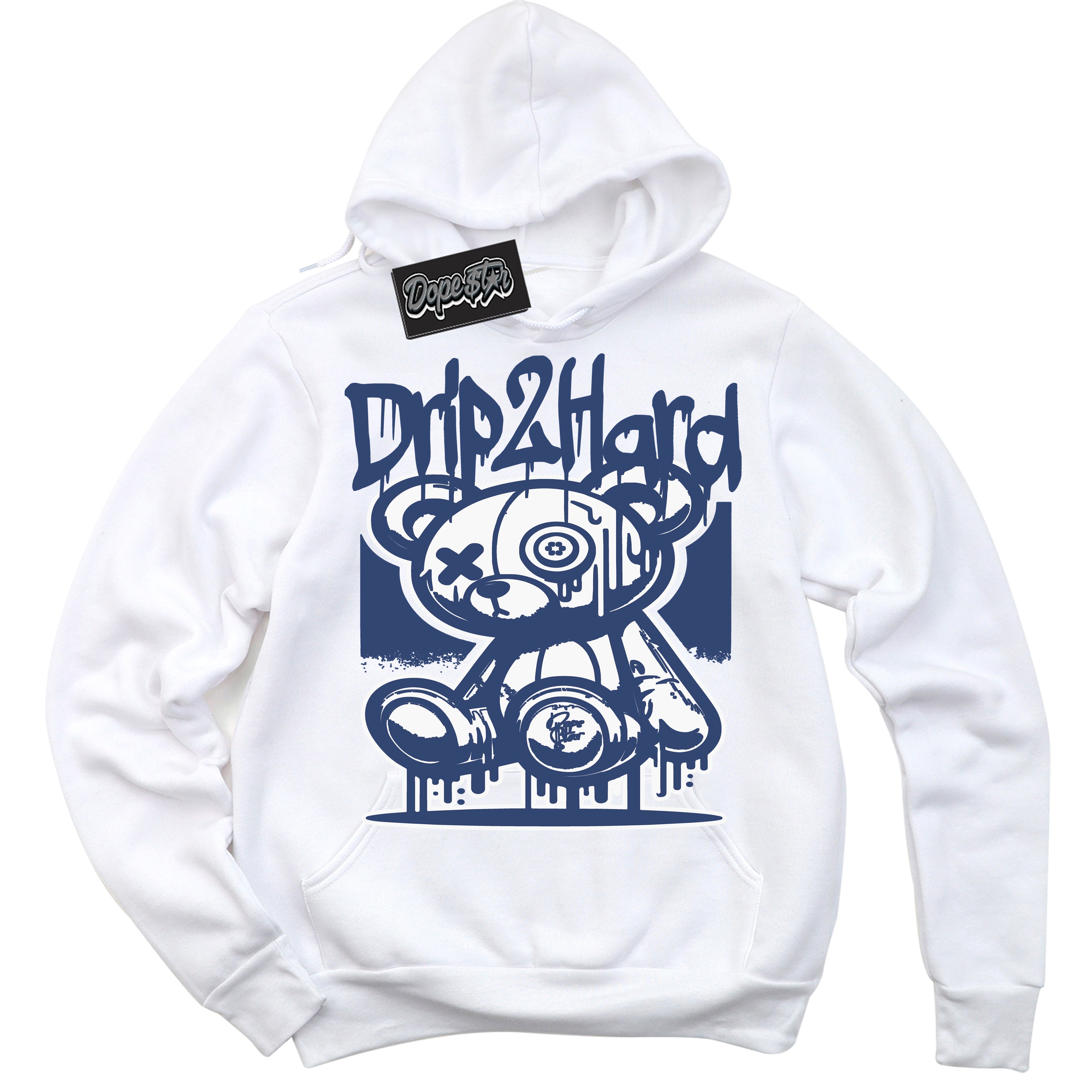 Cool White Hoodie with “ Drip 2 Hard ” design that Perfectly Matches Diffused Blue 11s Jordans.