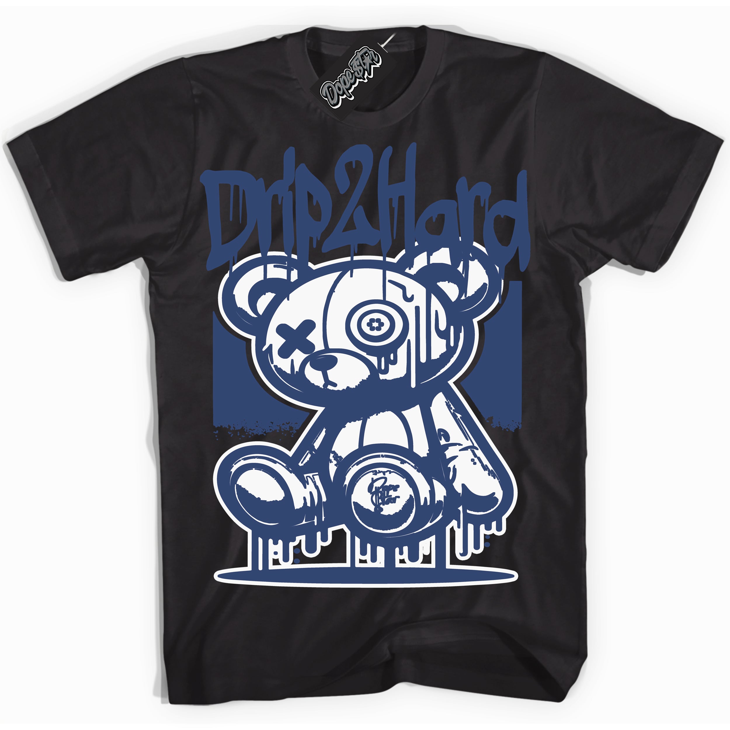 Cool Black Shirt with “ Drip 2 Hard ” design that perfectly matches Diffused Blue 11s Jordans.