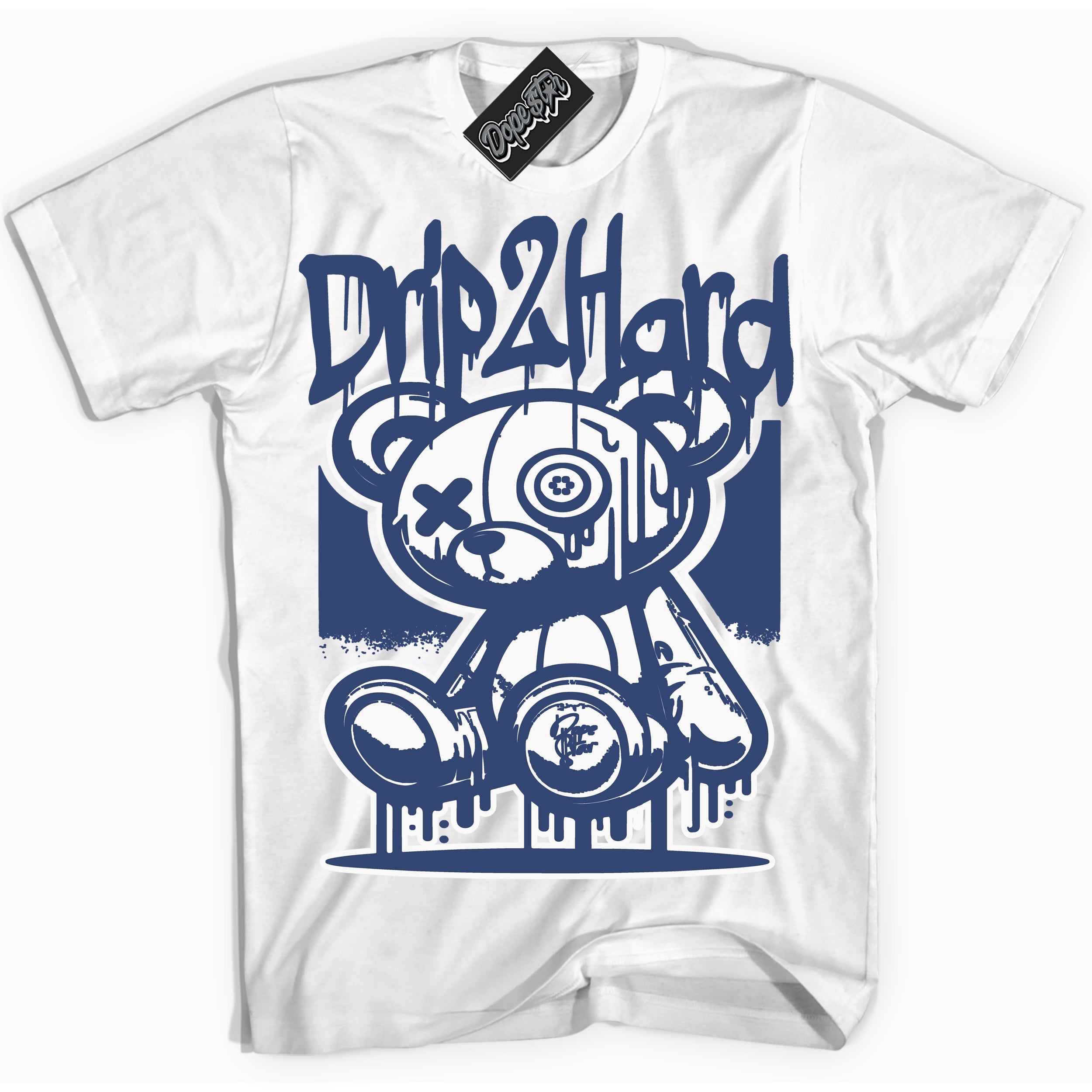 Cool White Shirt with “ Drip 2 Hard ” design that perfectly matches Diffused Blue 11s Jordans.