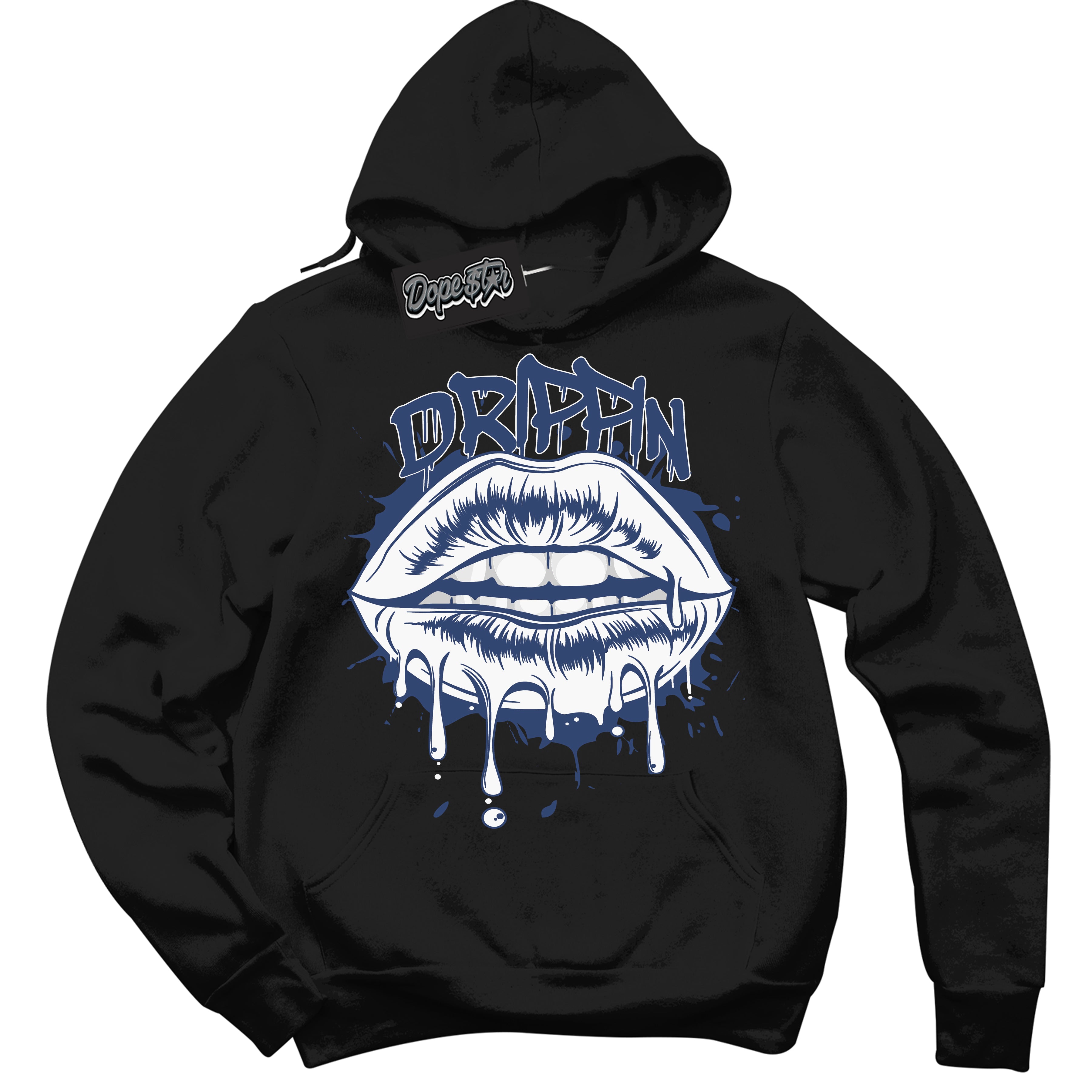 Cool Black Hoodie with “ Drippin ” design that Perfectly Matches Diffused Blue 11s Jordans.