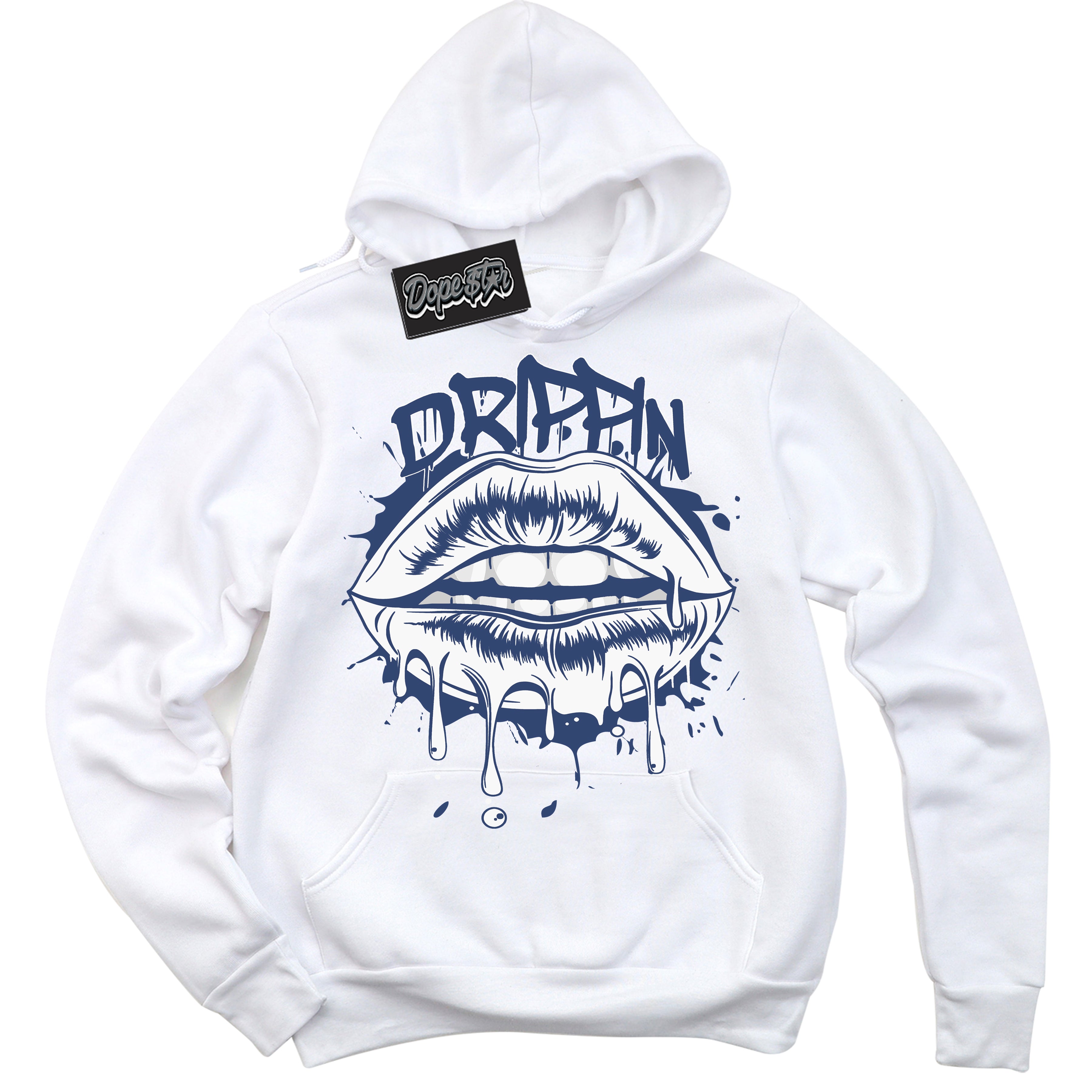 Cool White Hoodie with “ Drippin ” design that Perfectly Matches Diffused Blue 11s Jordans.